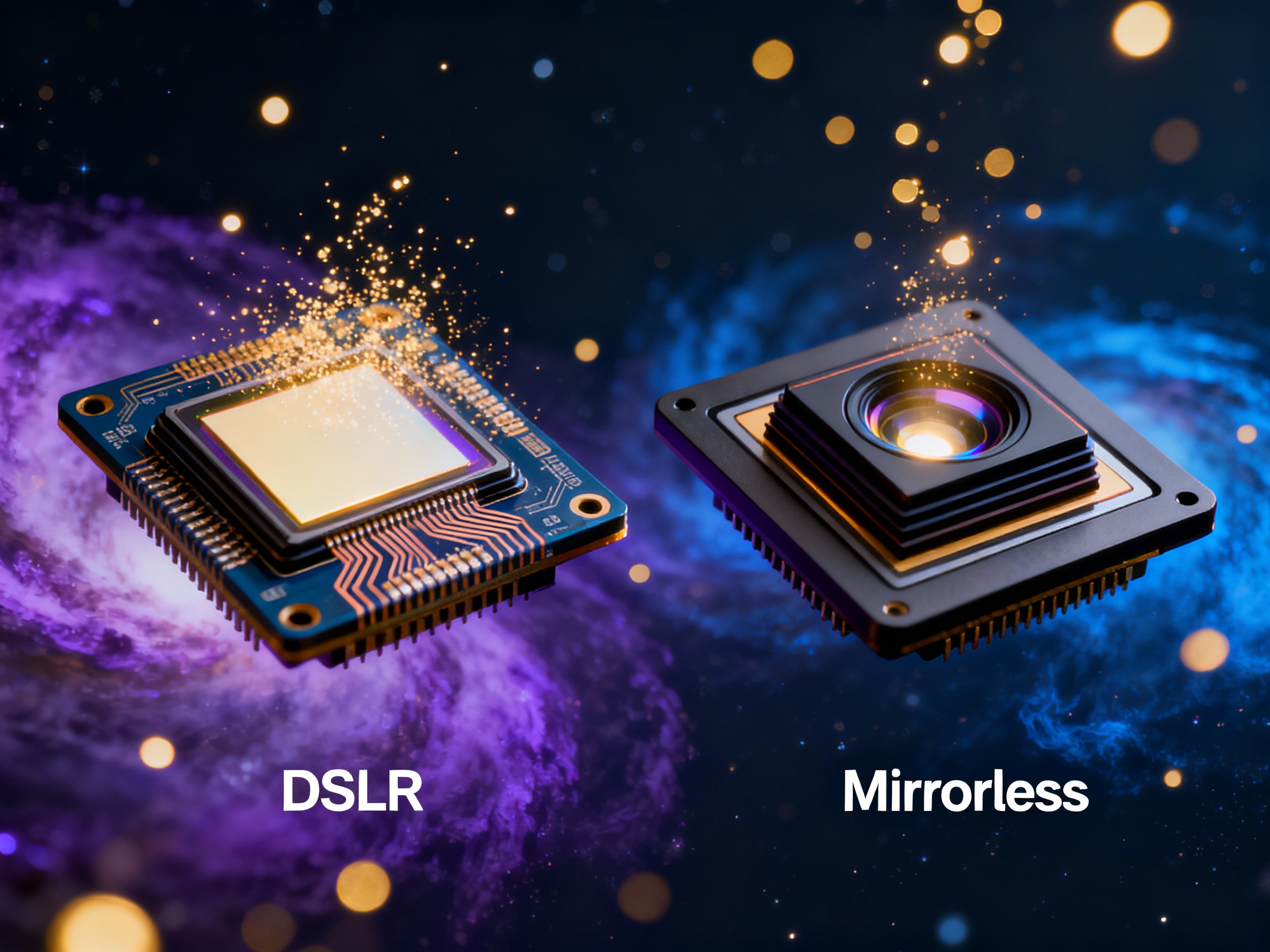 A detailed close-up of two camera sensors: One labeled 'DSLR' with traditional sensor architecture, and another labeled 'Mirrorless' featuring a backside-illuminated design. The background mimics a dark sky with nebulae, highlighting how each sensor captures light particles in low-light conditions.