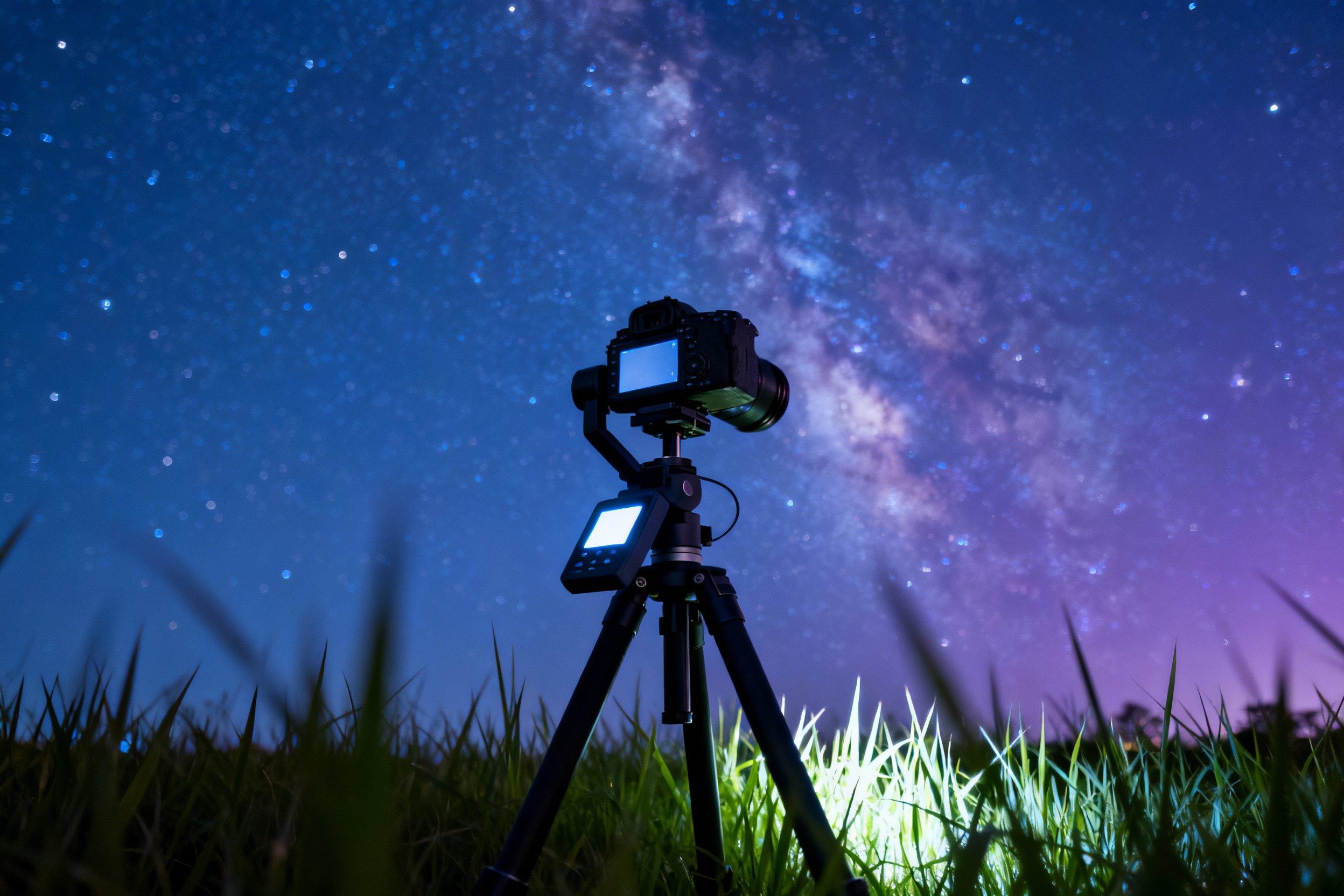 A compact star tracker mounted on a tripod under a starry sky, with a DSLR camera attached. The scene features a Milky Way backdrop, cool blue and purple tones, and faint light from the tracker's LCD screen illuminating nearby grass.