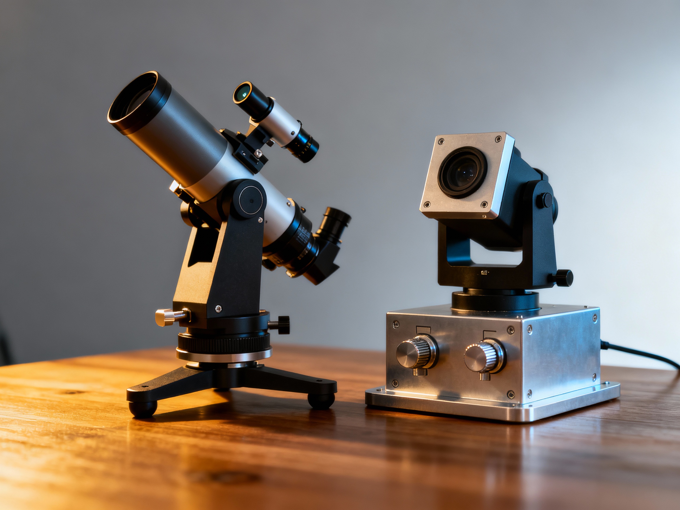 Side-by-side comparison of equatorial and alt-az star trackers on a table. The equatorial model has a tilted axis and polar scope, while the alt-az device features a square base with dual adjustment knobs. Soft studio lighting highlights their mechanical differences.