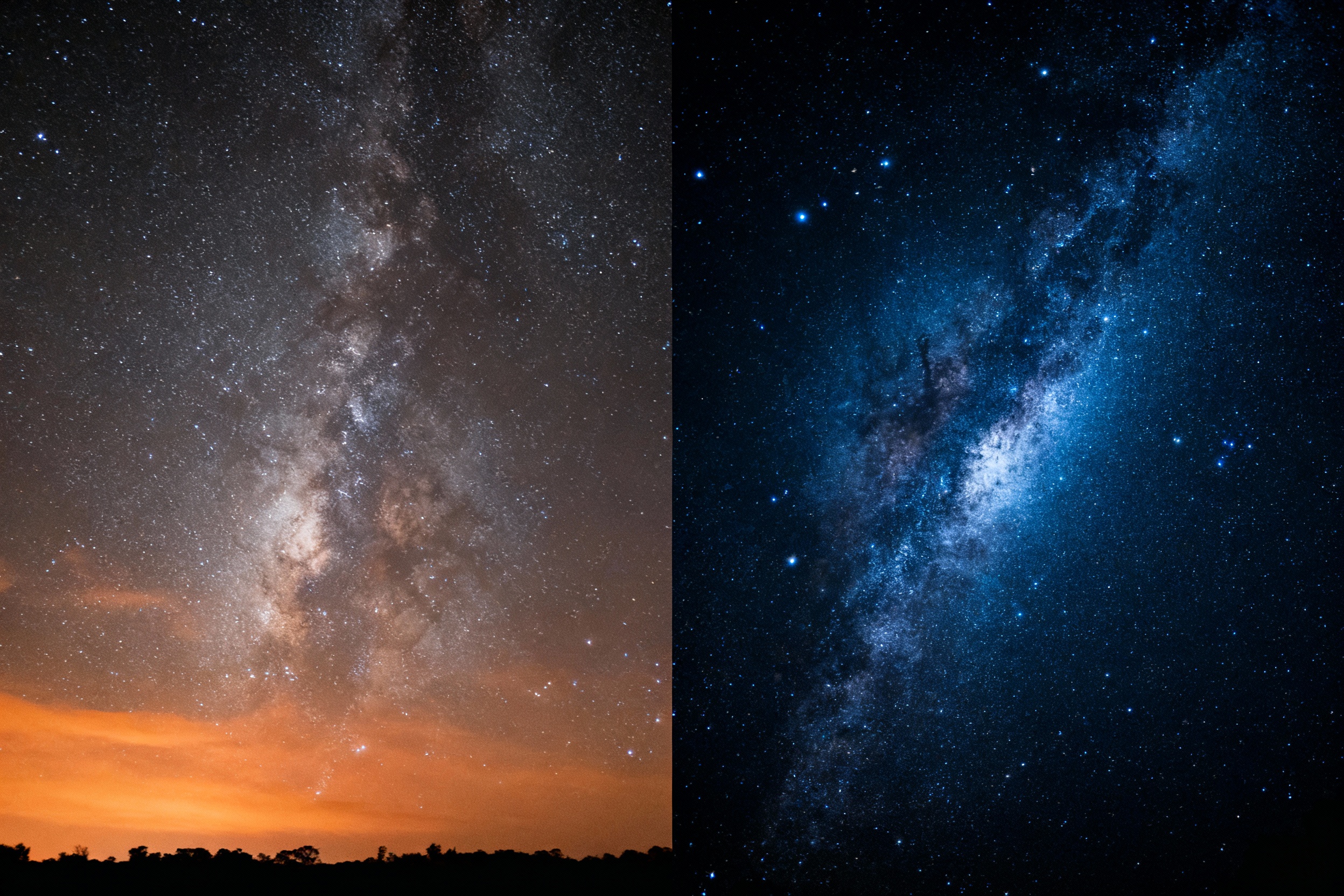 Side-by-side comparison of night sky images: one without a filter, showing washed-out stars and orange skyglow, and another with a narrowband filter, revealing a crisp Milky Way against a deep blue-black sky. The contrast highlights the filter’s ability to isolate celestial details.