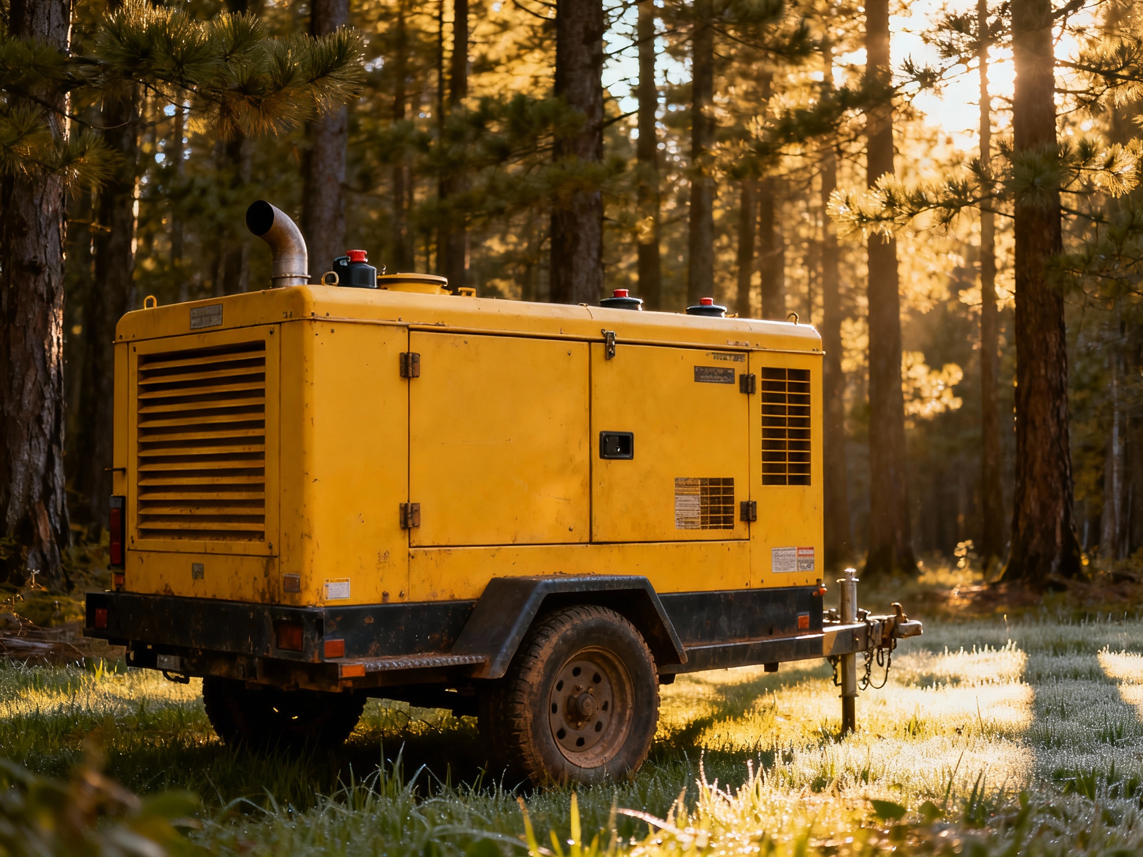 A high-resolution image of a rugged, yellow industrial generator positioned at the edge of a dense forest. The generator features heavy-duty wheels and a reinforced steel frame, with visible exhaust vents and fuel caps. Sunlight filters through tall pine trees, casting dappled shadows on the dew-covered grass. The atmosphere is utilitarian, emphasizing durability and readiness for harsh environments.