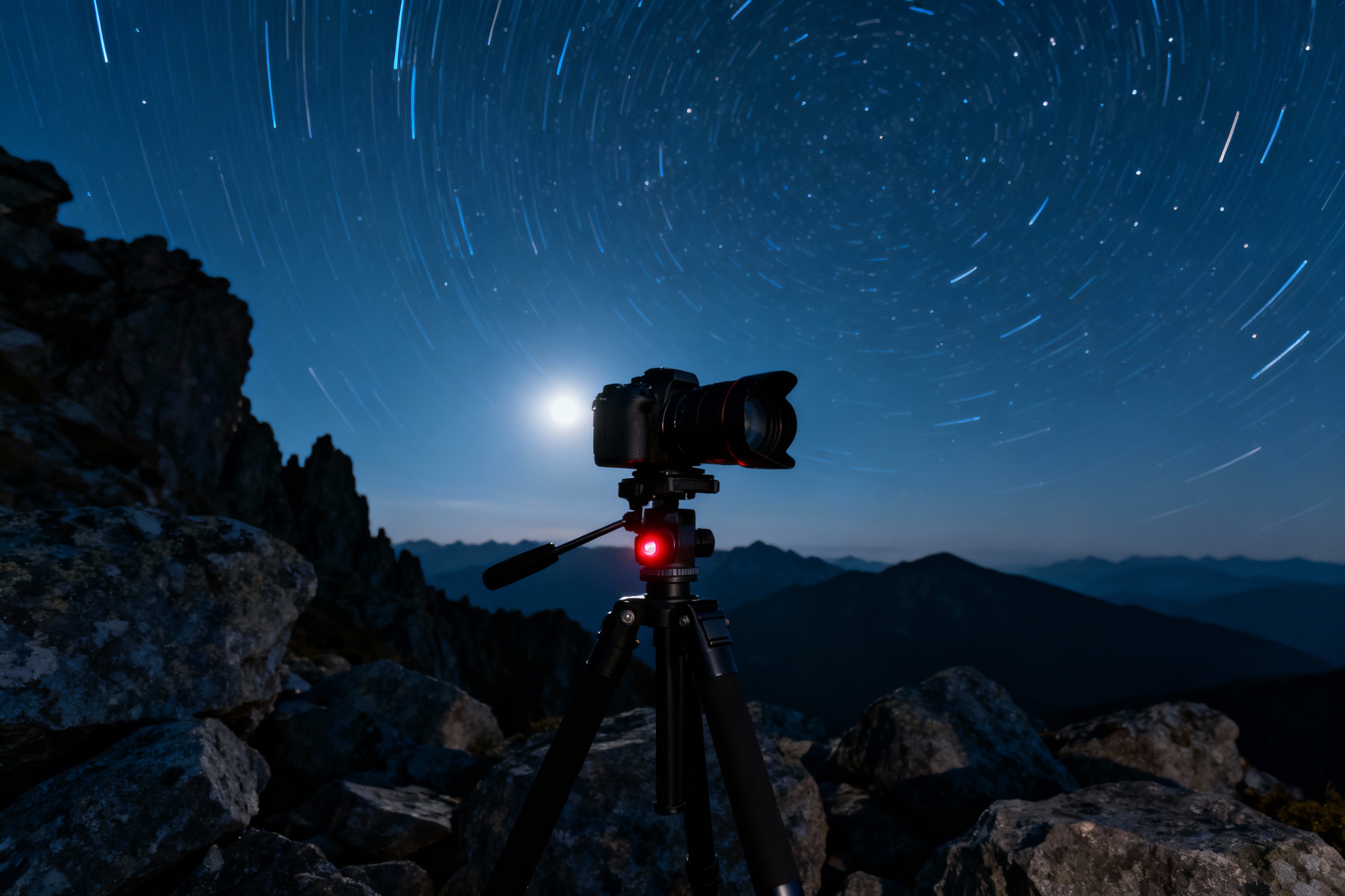 A DSLR camera mounted on a tripod under a starry night sky, its intervalometer blinking with a red LED light, surrounded by rocky terrain and faint silhouettes of distant mountains under a moonlit atmosphere.