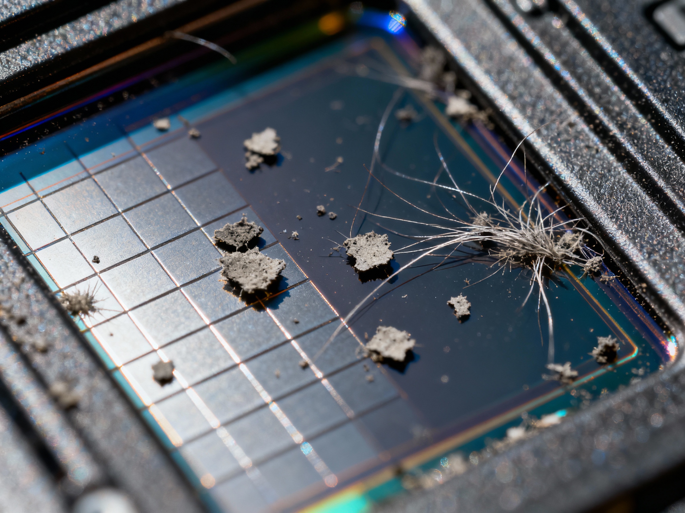 A highly magnified view of a camera sensor under bright studio lighting, revealing irregularly shaped dust particles and hair strands clinging to the surface. The sensor’s metallic grid pattern is visible, emphasizing the scale of contaminants.