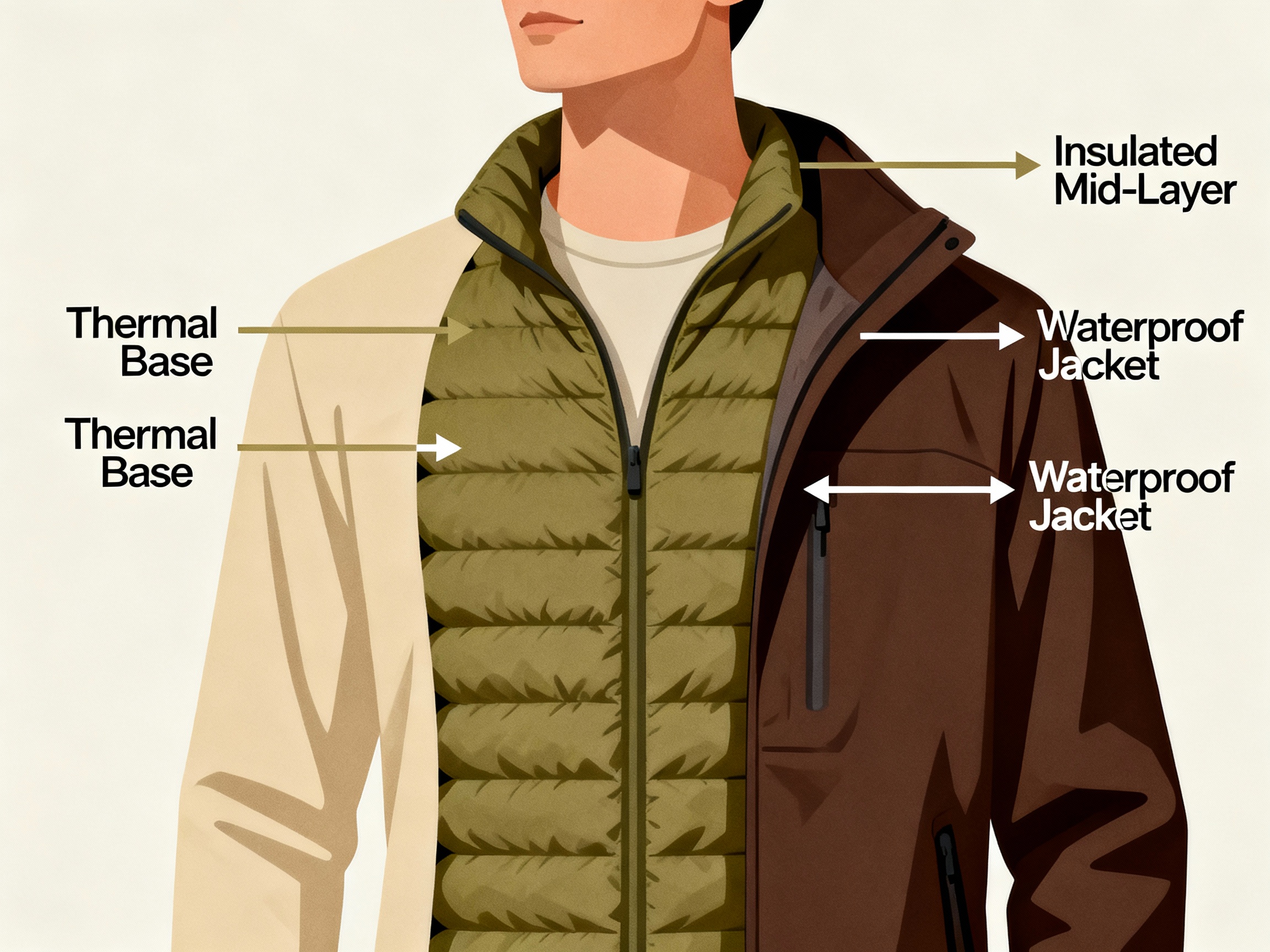 An illustrated cross-section diagram of a person wearing three distinct layers: a thin thermal base, a puffy insulated mid-layer, and a sleek waterproof jacket. The art style is minimalist with labels and arrows, using earthy tones to emphasize functionality and material differences.