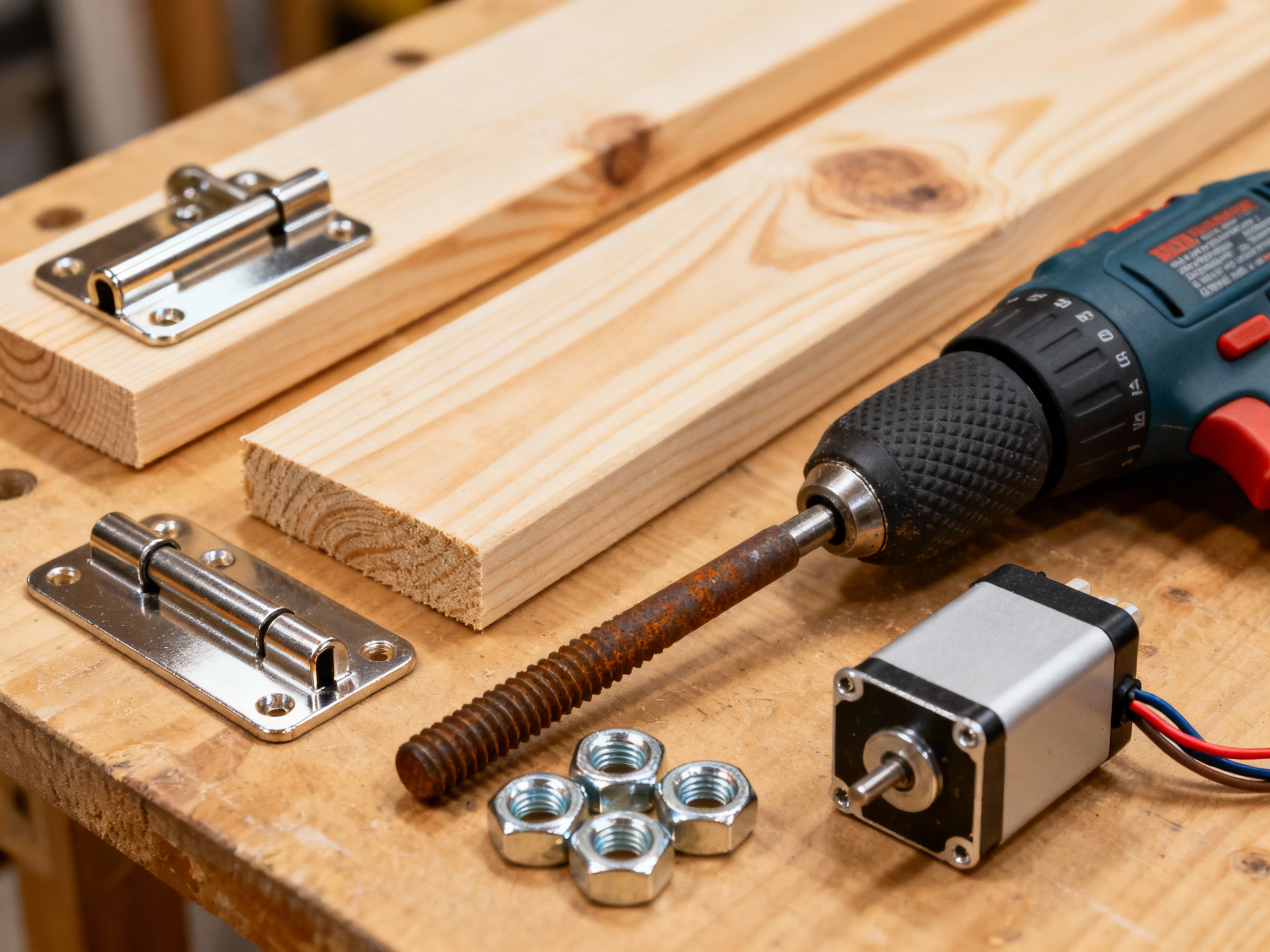 An organized assortment of DIY barn door tracker components laid on a workbench: two cut wooden boards, a metal hinge, a threaded steel rod, nuts, a handheld drill, and a small stepper motor. Soft workshop lighting highlights textures and tool details.