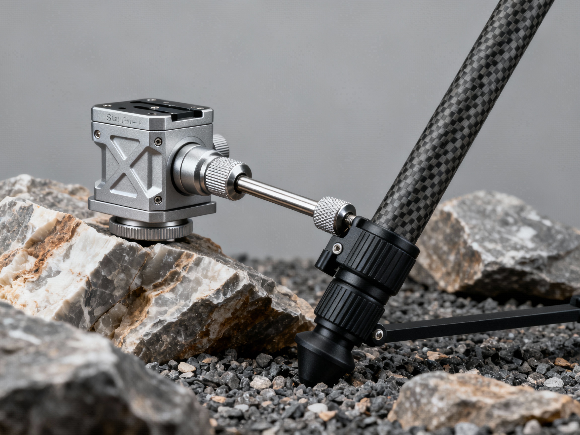 Close-up of a star tracker’s components: brushed metal mount head, adjustable counterweight shaft, and a carbon fiber tripod on rocky terrain. The image has sharp focus, neutral lighting, and technical detail.