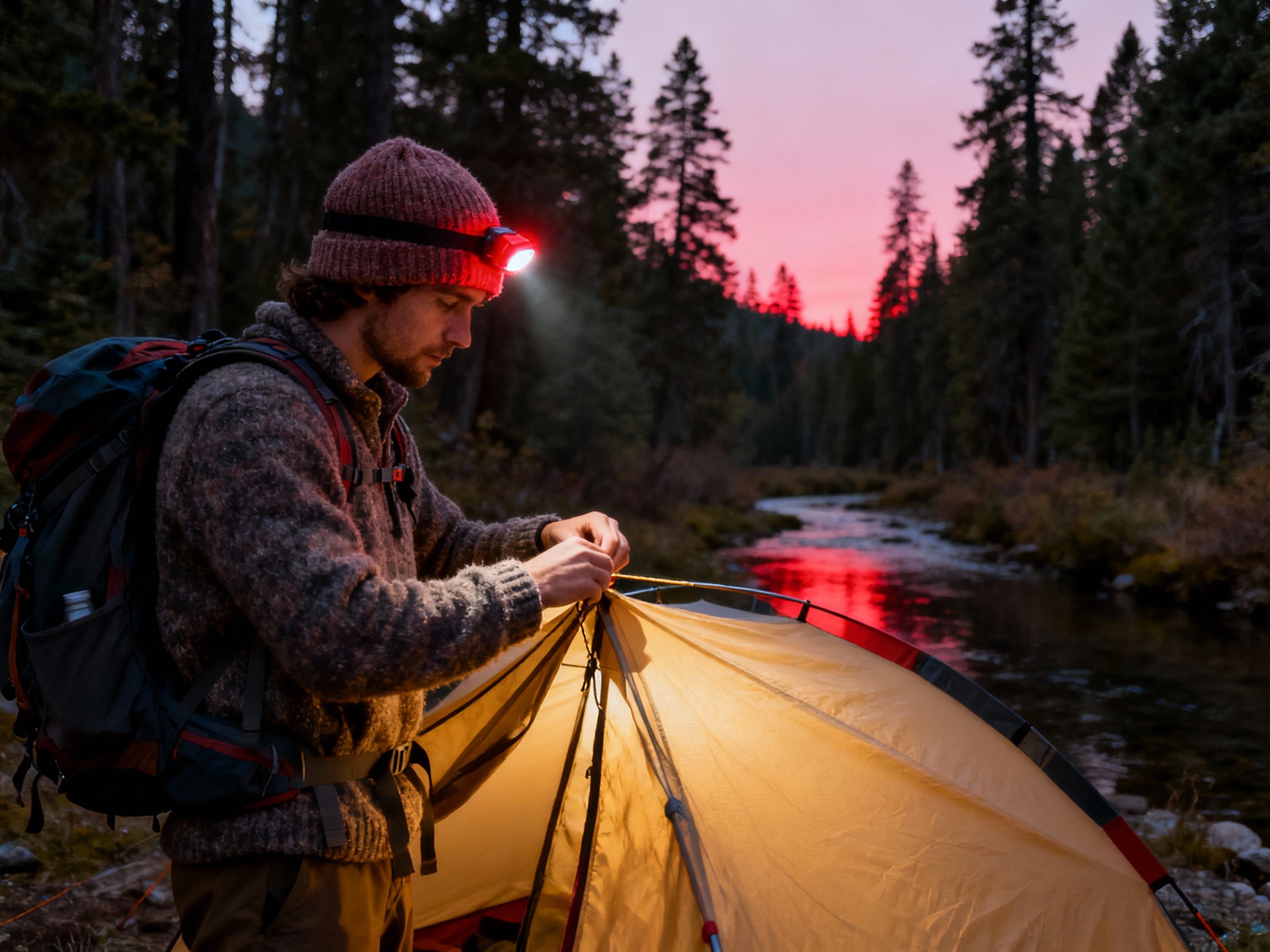 A backpacker in a wool beanie adjusts a red light headlamp while setting up a tent at dusk. The campsite is nestled between towering evergreens, with a faint red glow reflecting off a nearby stream. The image evokes preparation, safety, and harmony with nature.