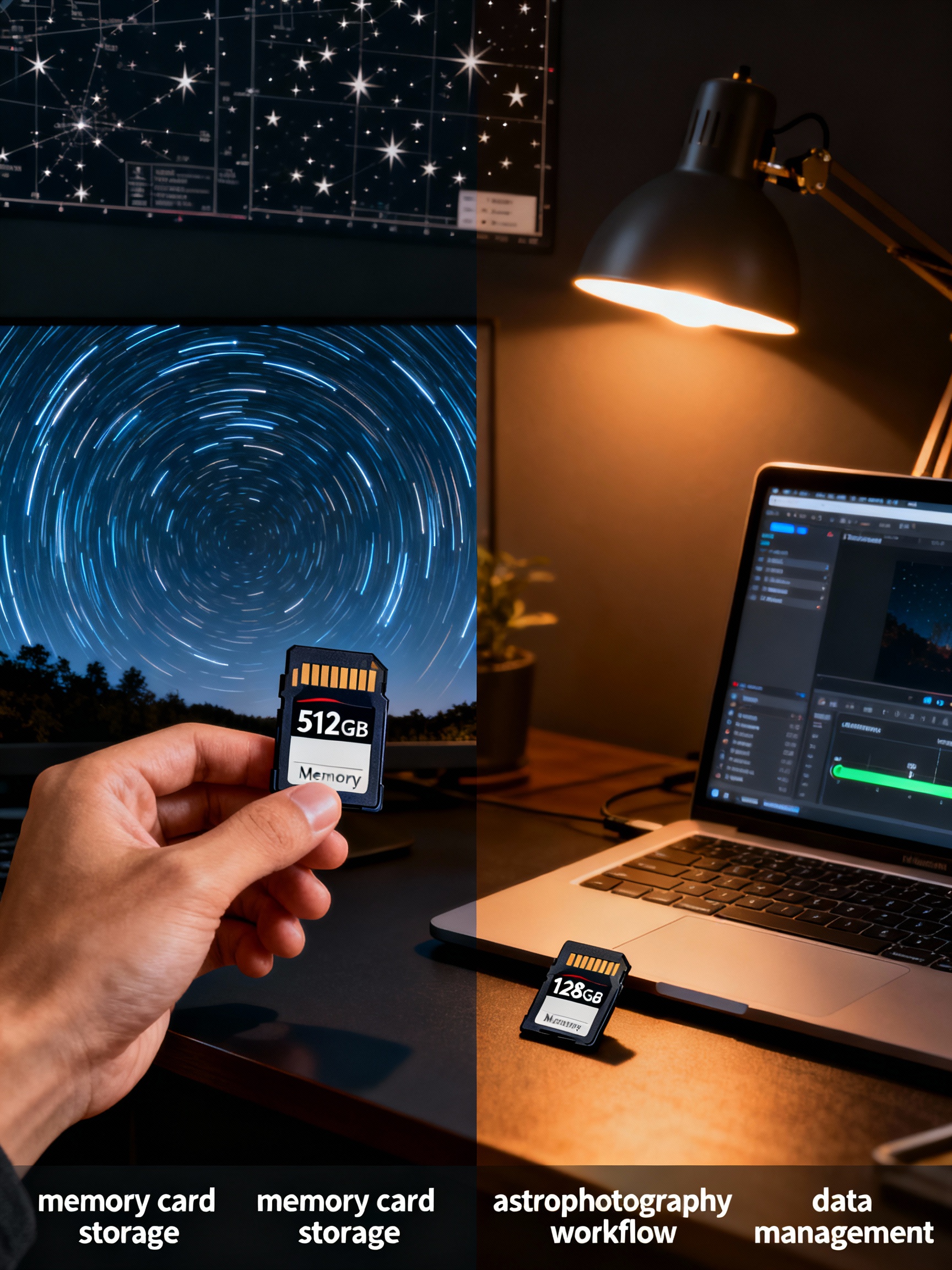 A split image showing a hand holding a 512GB memory card against a star-trail photograph on the left, and a 128GB card next to a laptop with file transfer progress on the right. The background blends a dark desktop workspace with star charts and a warm desk lamp casting soft shadows. Keywords: memory card storage, astrophotography workflow, data management.