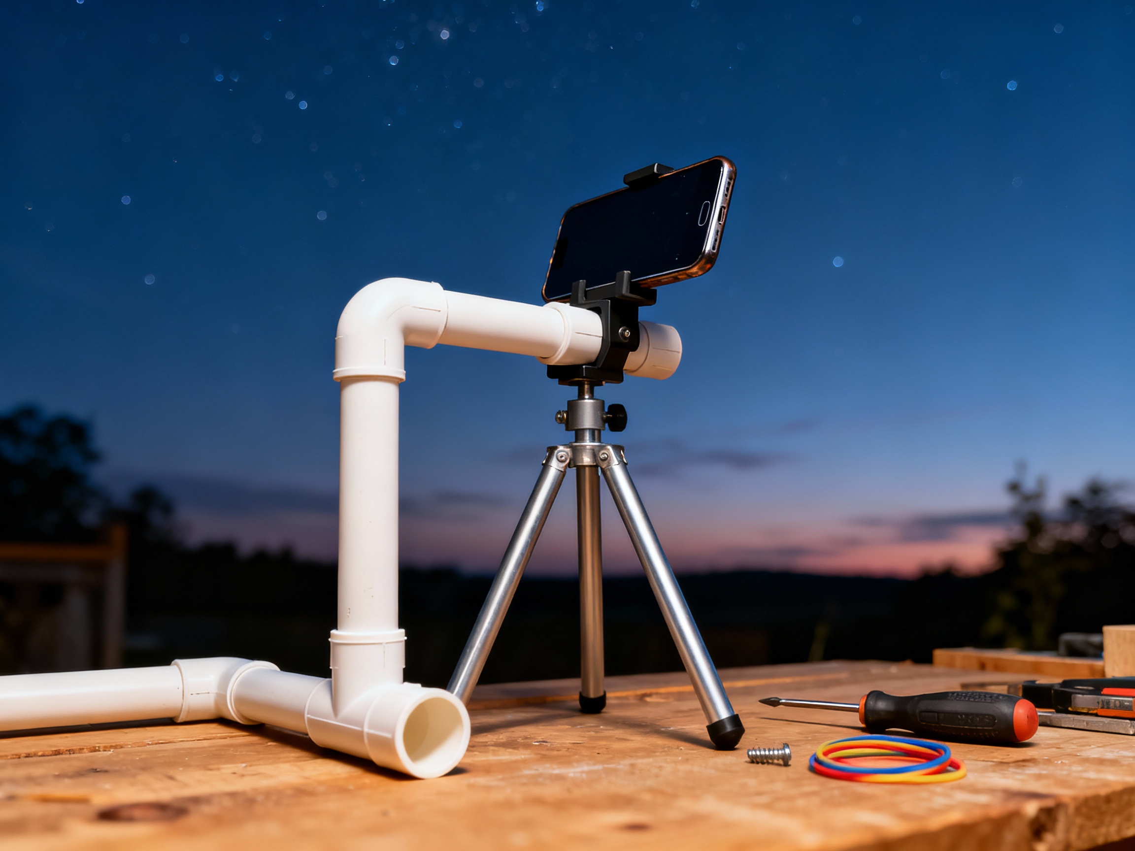 A DIY smartphone mount made from white PVC pipes and joints, attached to a metal tripod. The phone is clamped securely, angled toward a twilight sky with faint stars. Tools like a screwdriver and rubber bands lie nearby on a wooden workbench.