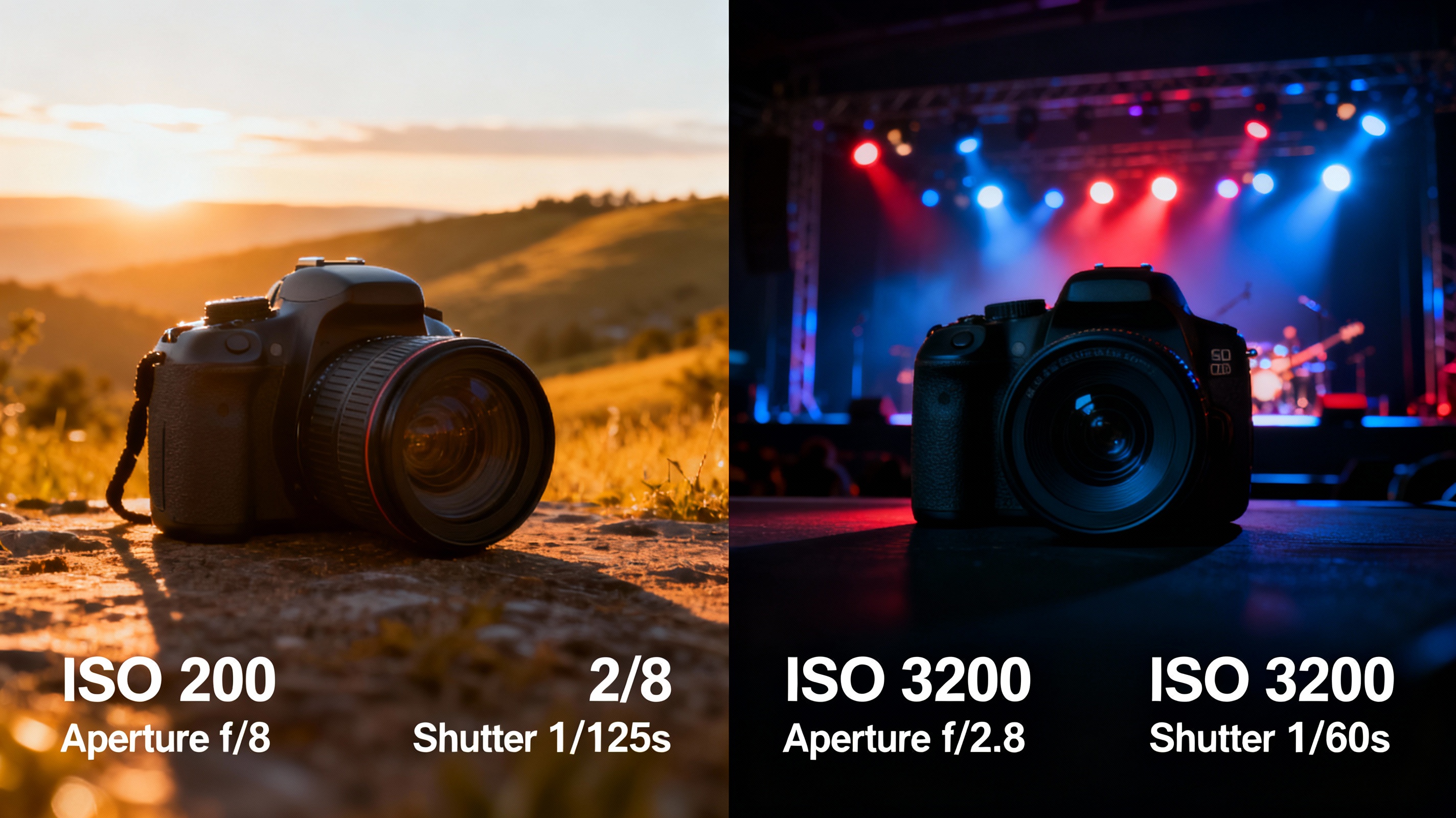 A split-image infographic showing a DSLR camera adjusting ISO, aperture, and shutter speed. Left side: a daylight scene at ISO 200 with a golden-hour landscape. Right side: a dimly lit concert stage at ISO 3200, with vibrant stage lights and minimal noise. Soft shadows and warm/cool lighting contrasts illustrate exposure trade-offs.