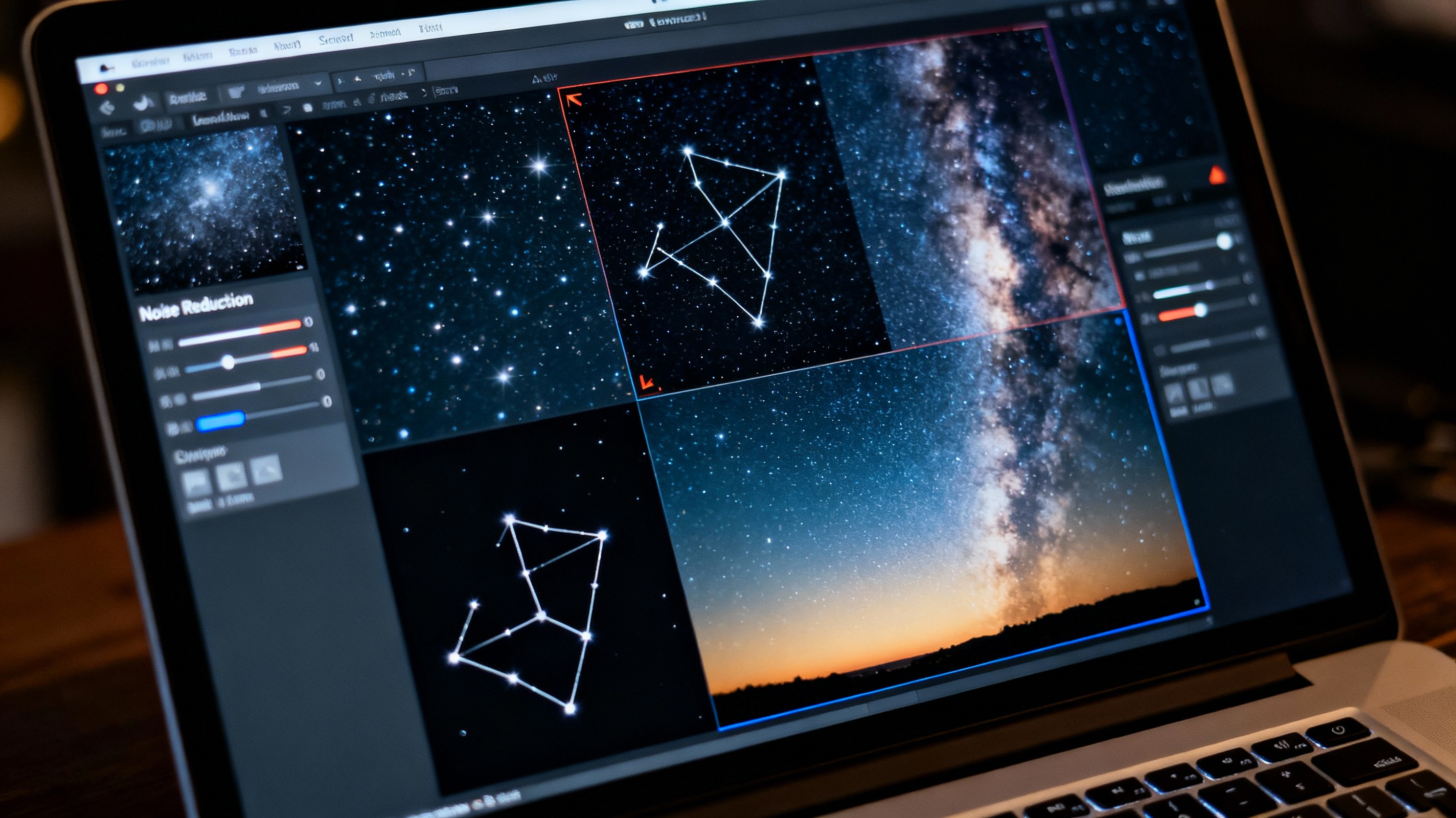 A detailed close-up of a photographer's workflow: a laptop screen displaying layered images of a starry night sky, stacked using software. The interface shows noise reduction sliders and alignment tools, with a final composite revealing sharp constellations and a gradient-rich Milky Way.