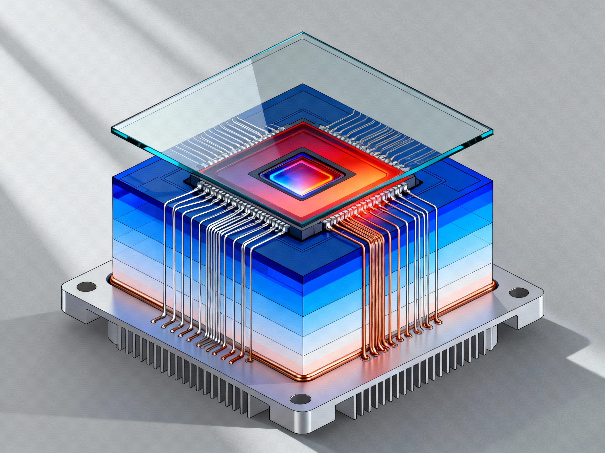 A detailed cross-sectional diagram of a digital camera sensor, highlighting heat dissipation and electrical pathways. Cool blue tones represent low-noise areas, while warmer red spots indicate thermal buildup near the sensor’s center.