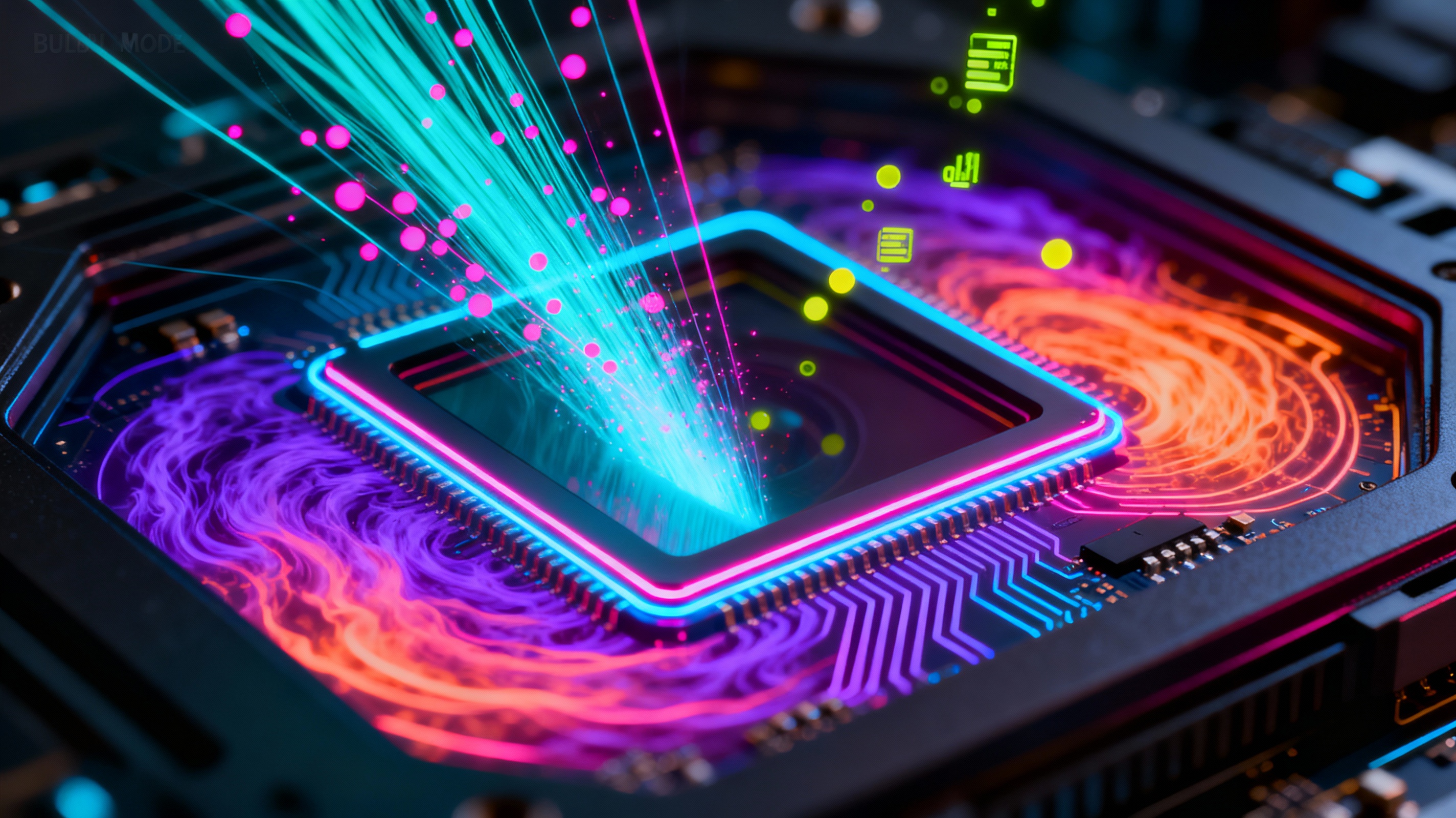 A close-up cross-section of a camera sensor during a Bulb Mode exposure, illustrated with glowing light particles hitting the sensor surface. The abstract visualization showcases thermal dynamics and light accumulation over time, blending technical artistry with scientific detail in a futuristic, neon-lit style.
