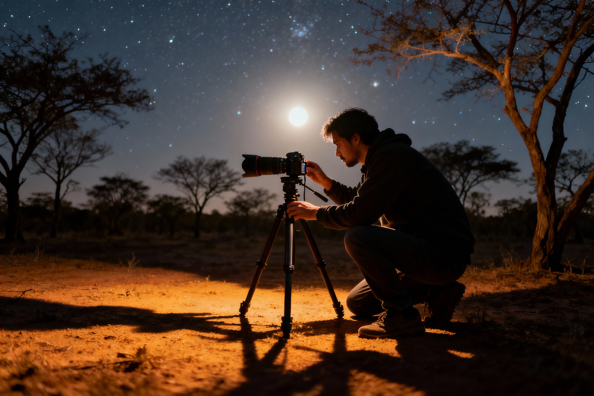 A photographer adjusting a DSLR camera on a tripod under a starry sky, surrounded by sparse trees, warm moonlight casting soft shadows on the ground.
