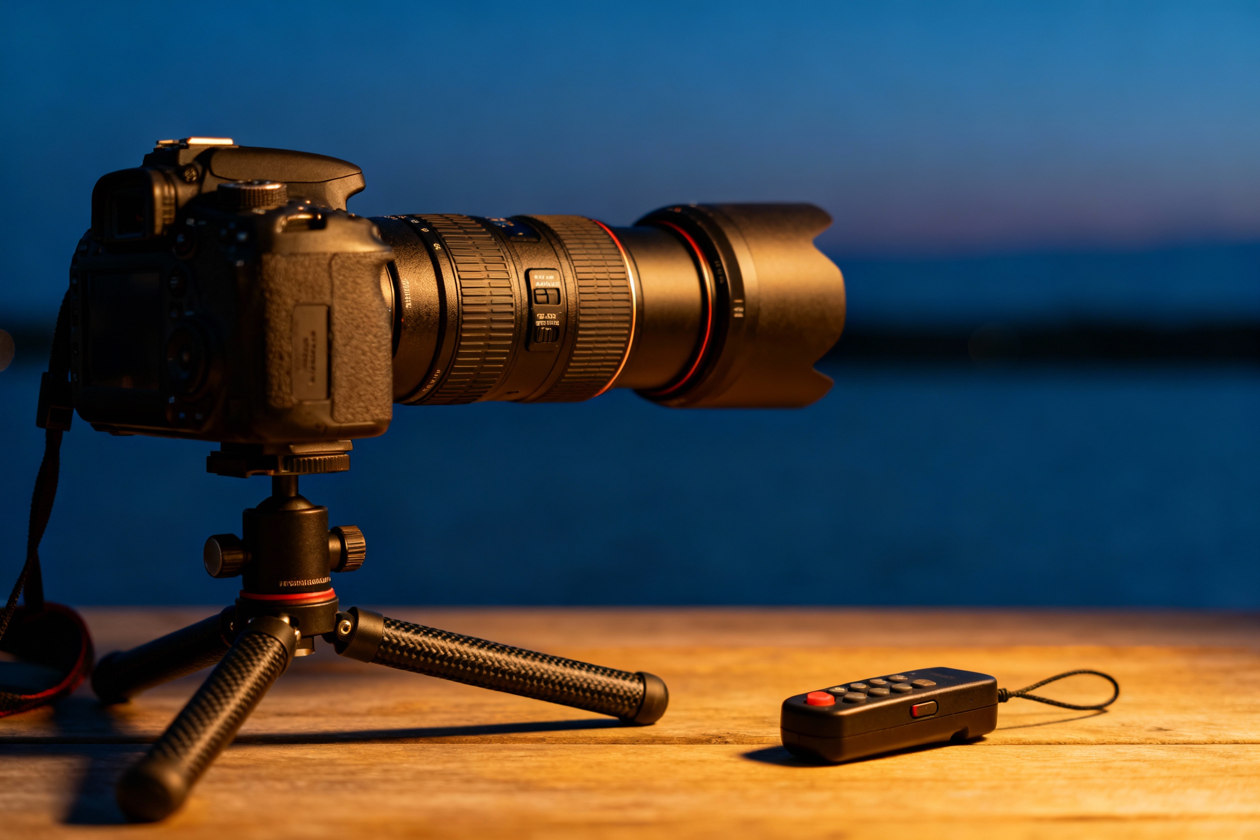 A photography setup displaying a DSLR camera with a long telephoto lens mounted on a carbon fiber tripod. A remote shutter release rests nearby. The scene is lit by soft amber light, emphasizing the gear's textures against a dusk-blue backdrop.