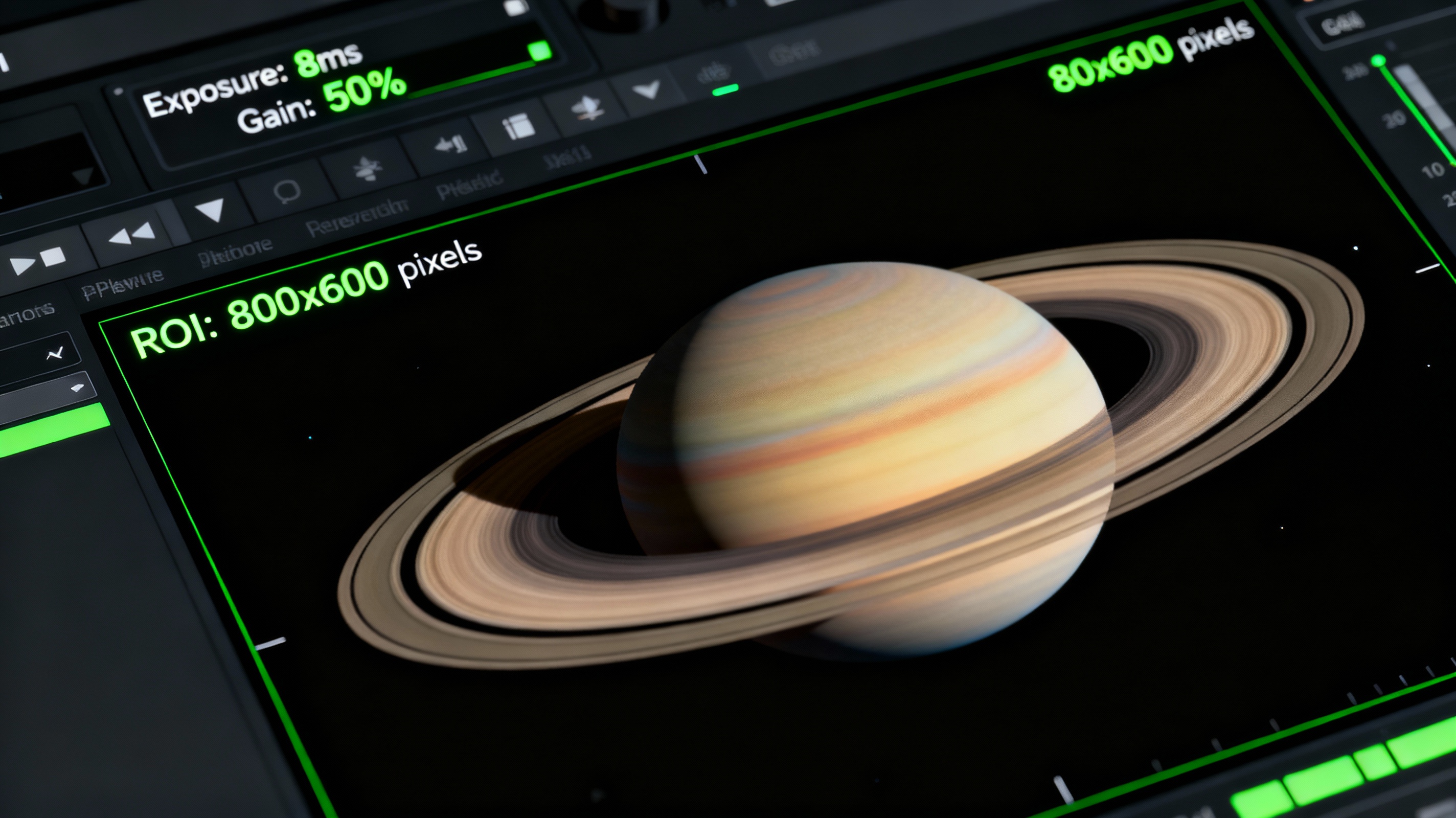 A close-up of a planetary camera’s software interface showing real-time adjustments: exposure set to 8ms, gain at 50%, and ROI cropped to 800x600 pixels. The preview window displays a crisp image of Saturn’s rings with subtle color gradients. Interface elements are sharp, with a dark-themed UI and neon-green numerical readouts.