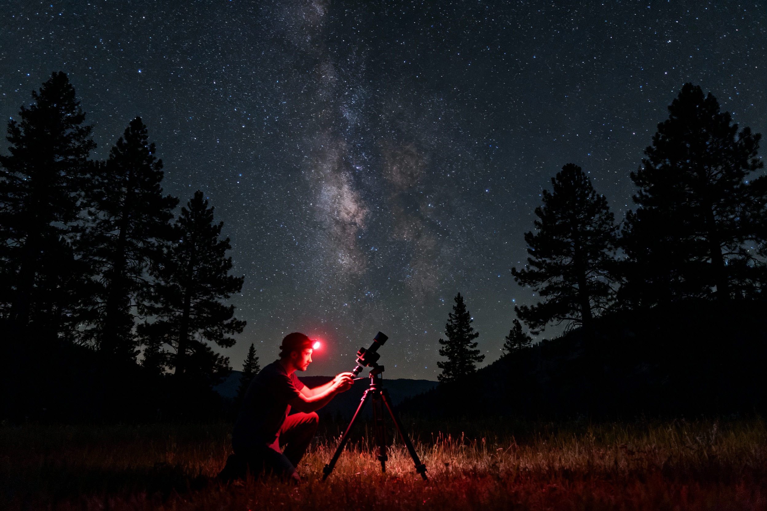 A remote alpine meadow under a pitch-black sky, dotted with thousands of visible stars. The silhouette of pine trees frames the horizon, while the Andromeda Galaxy appears as a faint smudge near the zenith. A photographer adjusts a star tracker beside a glowing red headlamp.