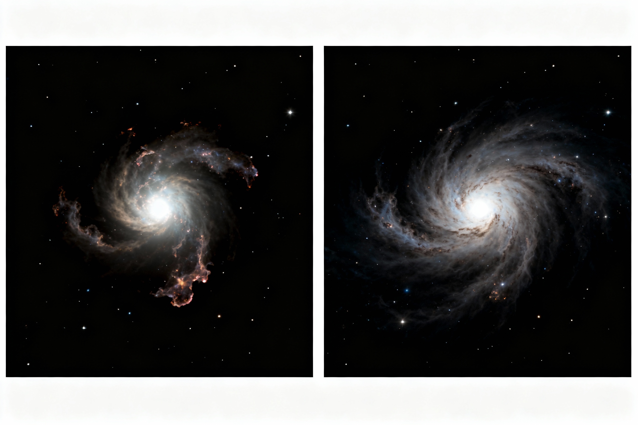 A side-by-side comparison of a single exposure versus a bracketed composite of the Orion Nebula. The left image shows blown-out highlights in the core, while the right image reveals intricate details in both the bright core and faint outer tendrils, set against a velvety black sky.