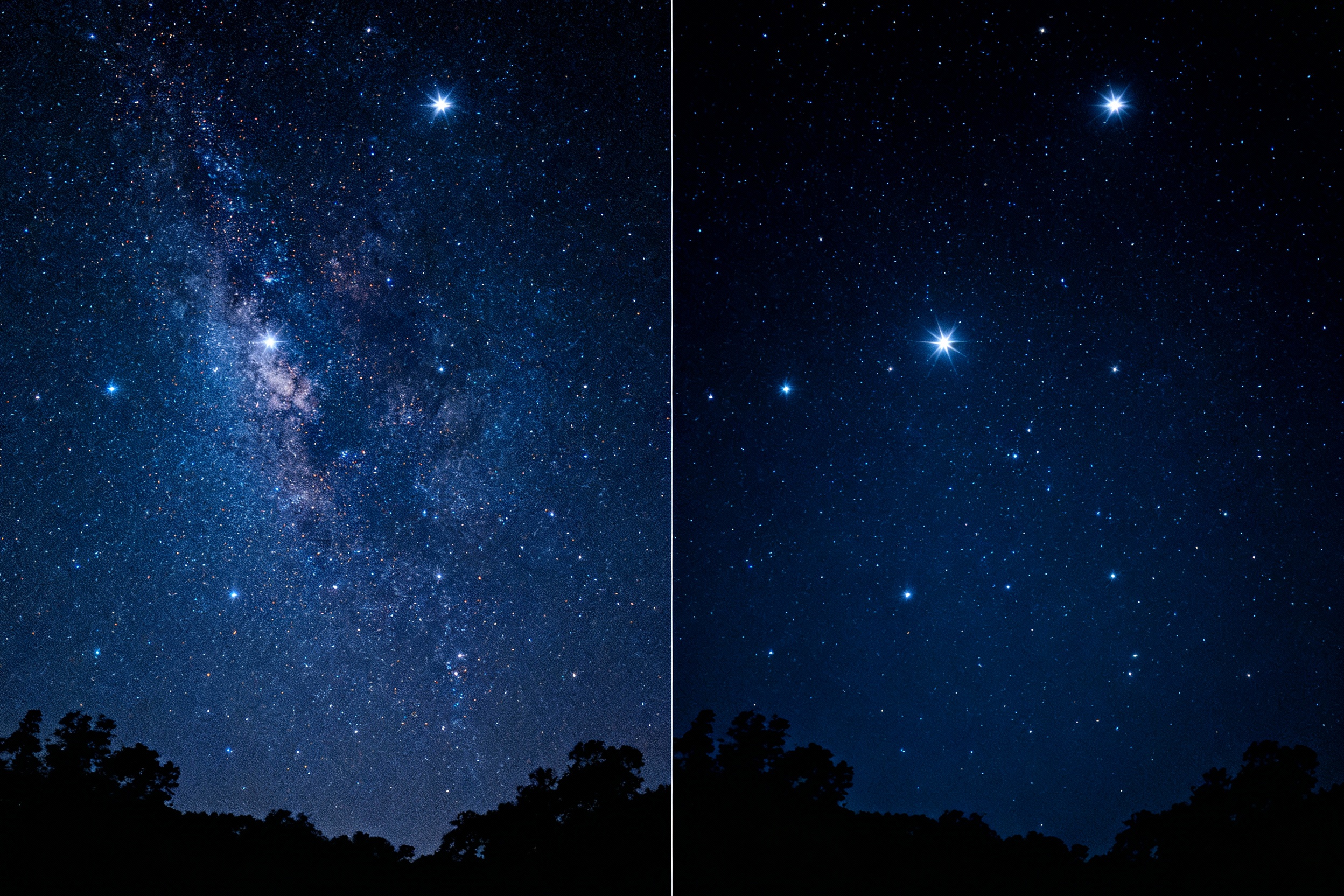 Side-by-side comparison of two astrophotos: the left image shows visible speckled noise and hot pixels, while the right image appears clean and detailed after dark frame subtraction. The contrast highlights the efficacy of noise reduction, with a starry night sky rendered in deep blues and blacks, punctuated by sharp, bright stars.