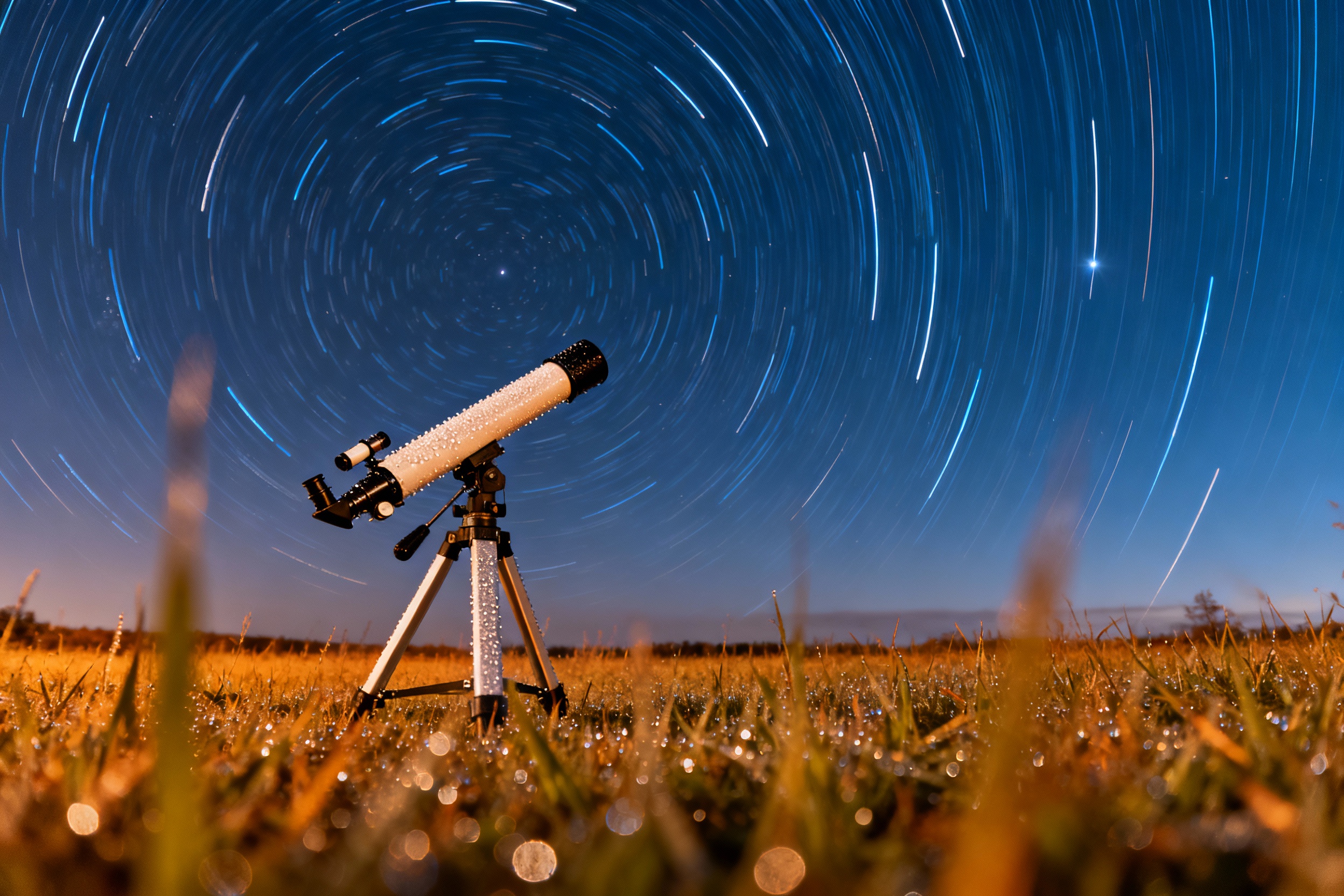 A time-lapse photo of the night sky showing star trails circling a fixed point near Polaris. The foreground features a dew-covered telescope on a grassy field, with warm hues of twilight fading into deep indigo. The image conveys motion and the passage of time, critical for understanding alignment precision.