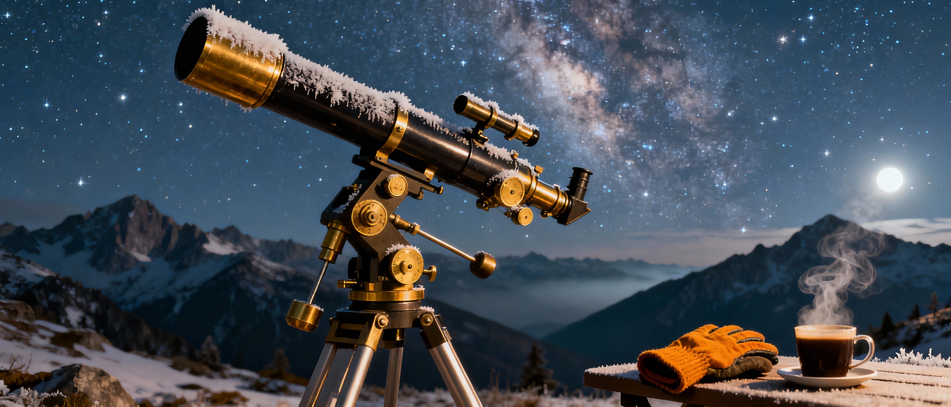 A refractor telescope on equatorial mount positioned in alpine terrain. The mount features brass setting circles and manual slow-motion controls. Frost glistens on the telescope tube under a Milky Way backdrop. Warm gloves rest on an observing table with coffee steam rising.