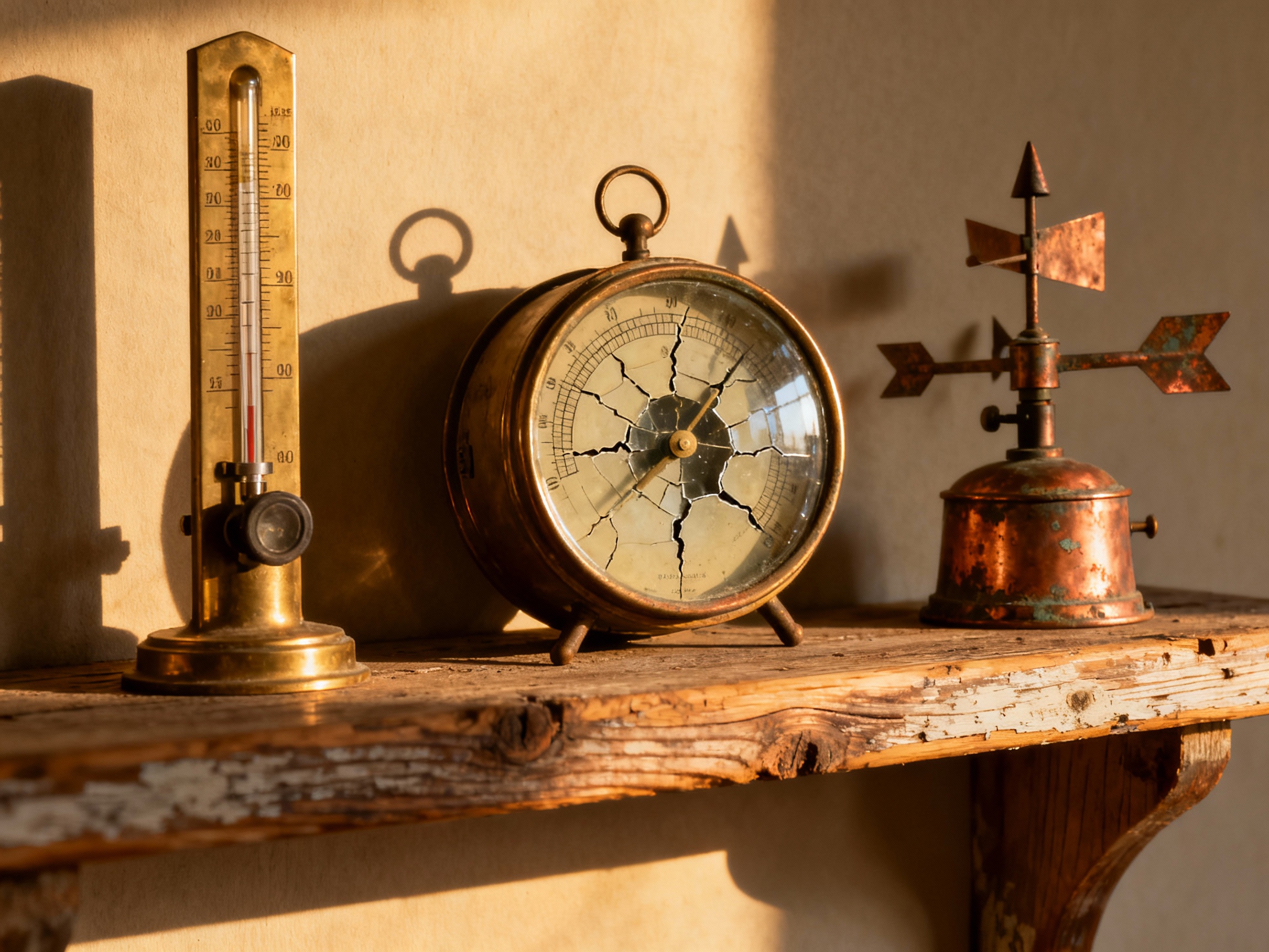 A rustic wooden shelf holding a brass barometer, a vintage hygrometer, and a weathered weather vane, bathed in golden-hour sunlight. The warm tones and aged textures emphasize historical methods of weather prediction.