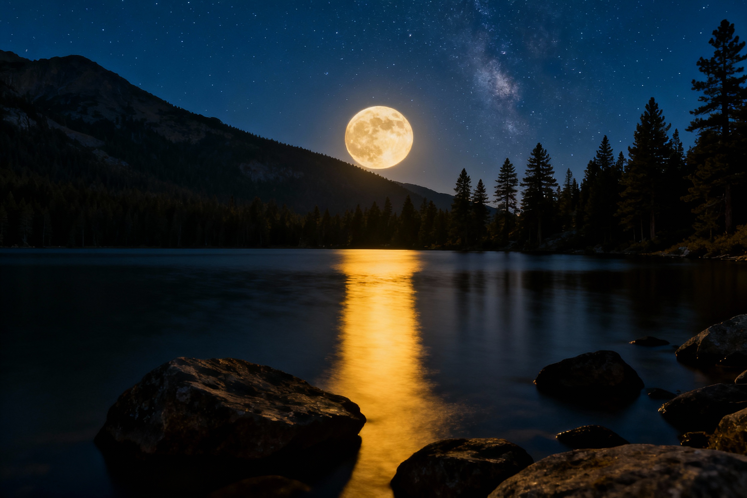 A serene landscape photograph of a full moon rising over a calm mountain lake surrounded by pine trees. The moon reflects on the water, casting a golden path. The foreground features silhouetted rocks, with the Milky Way faintly visible in the dark blue sky. Captured with a telephoto lens for lunar detail.