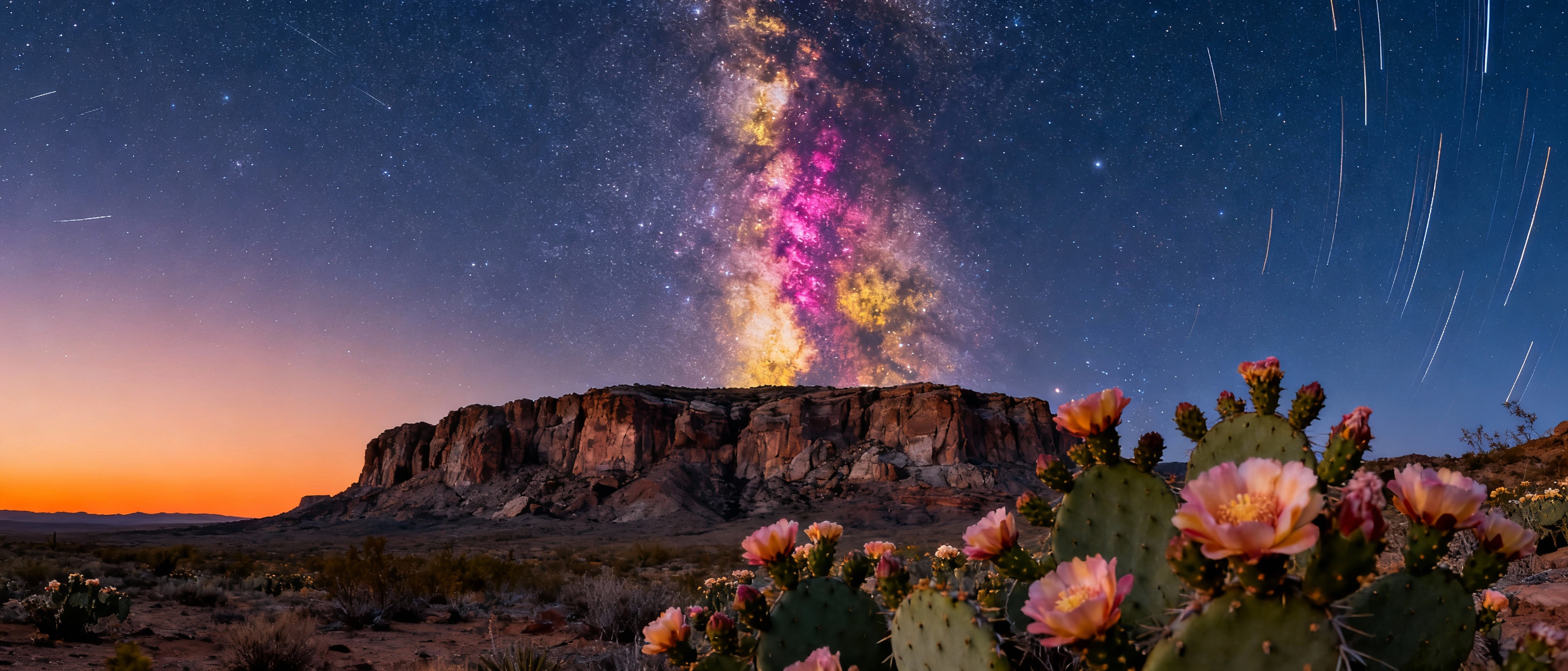 The Milky Way core rising above a rocky desert plateau in spring, with blooming cacti in the foreground. The sky transitions from deep indigo at the zenith to soft orange near the horizon, where the galactic center glows with magenta and gold dust lanes.
