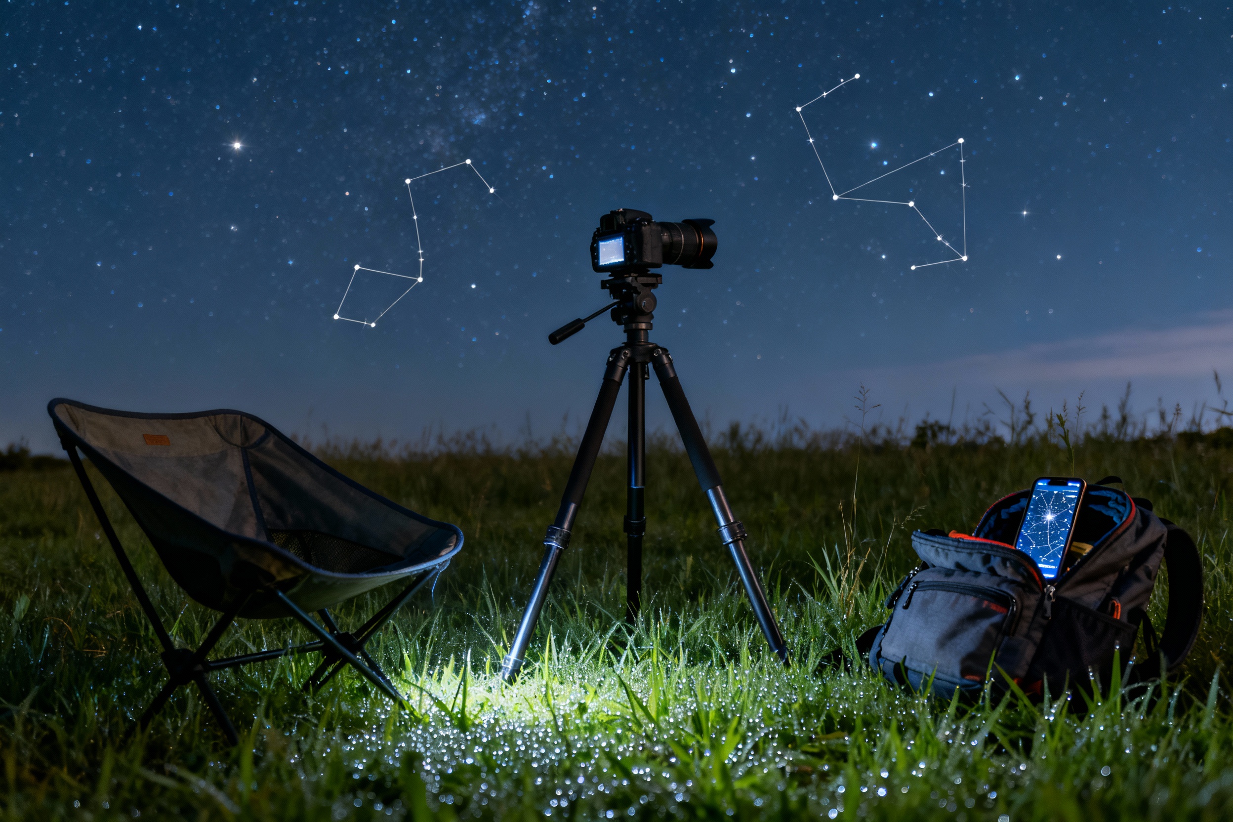 A photographer’s setup in a field at night: a DSLR camera mounted on a sturdy tripod, pointed toward a starry sky. A camping chair and open backpack sit nearby, with a smartphone displaying a star map. Soft ambient light highlights dew on the grass.