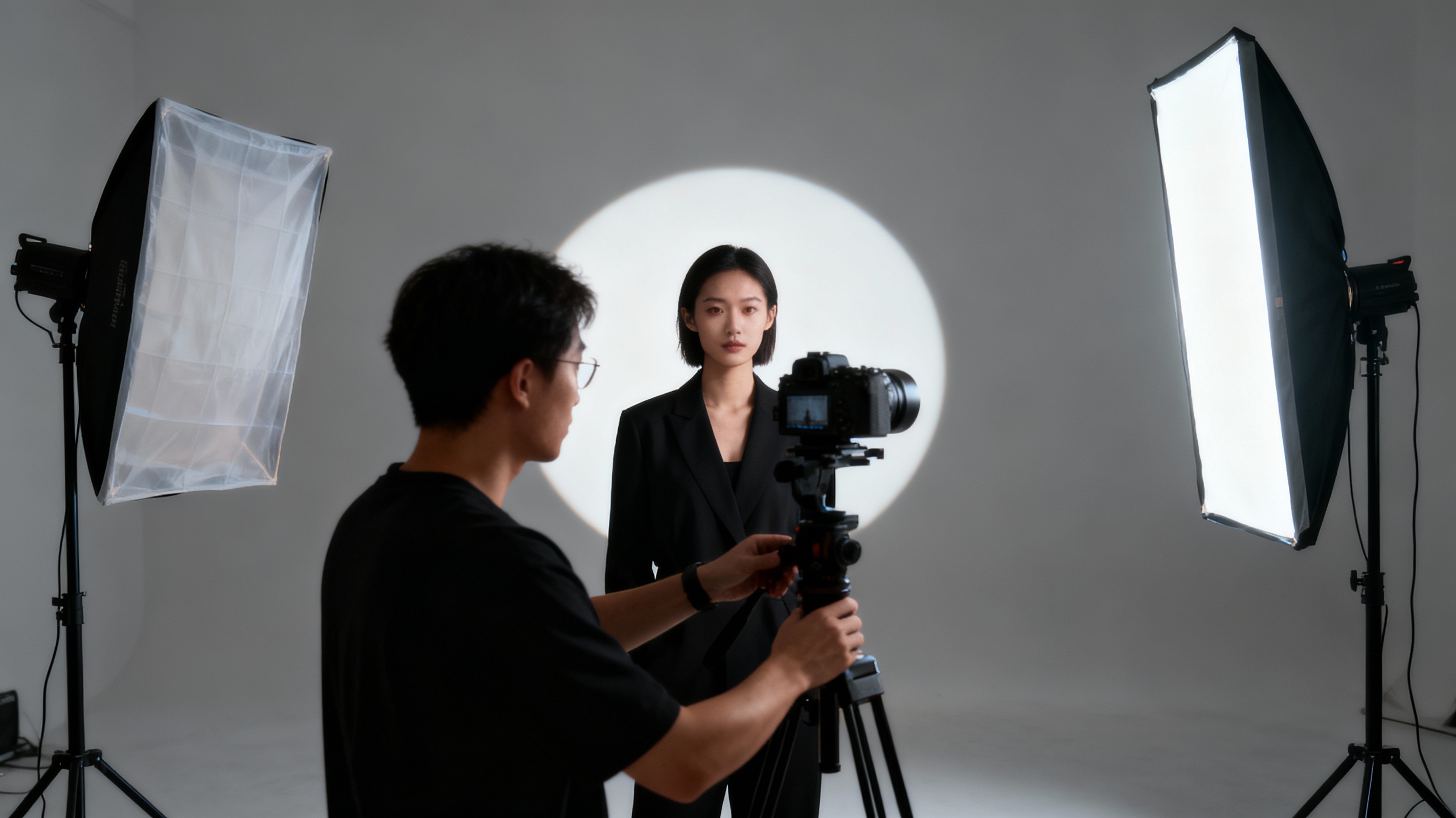 A filmmaker adjusting a three-point lighting setup in a studio. The key light is a bright softbox to the right, a fill light with a diffuser on the left, and a rim light behind the model. The scene has a neutral color palette with crisp shadows and a professional, polished aesthetic.