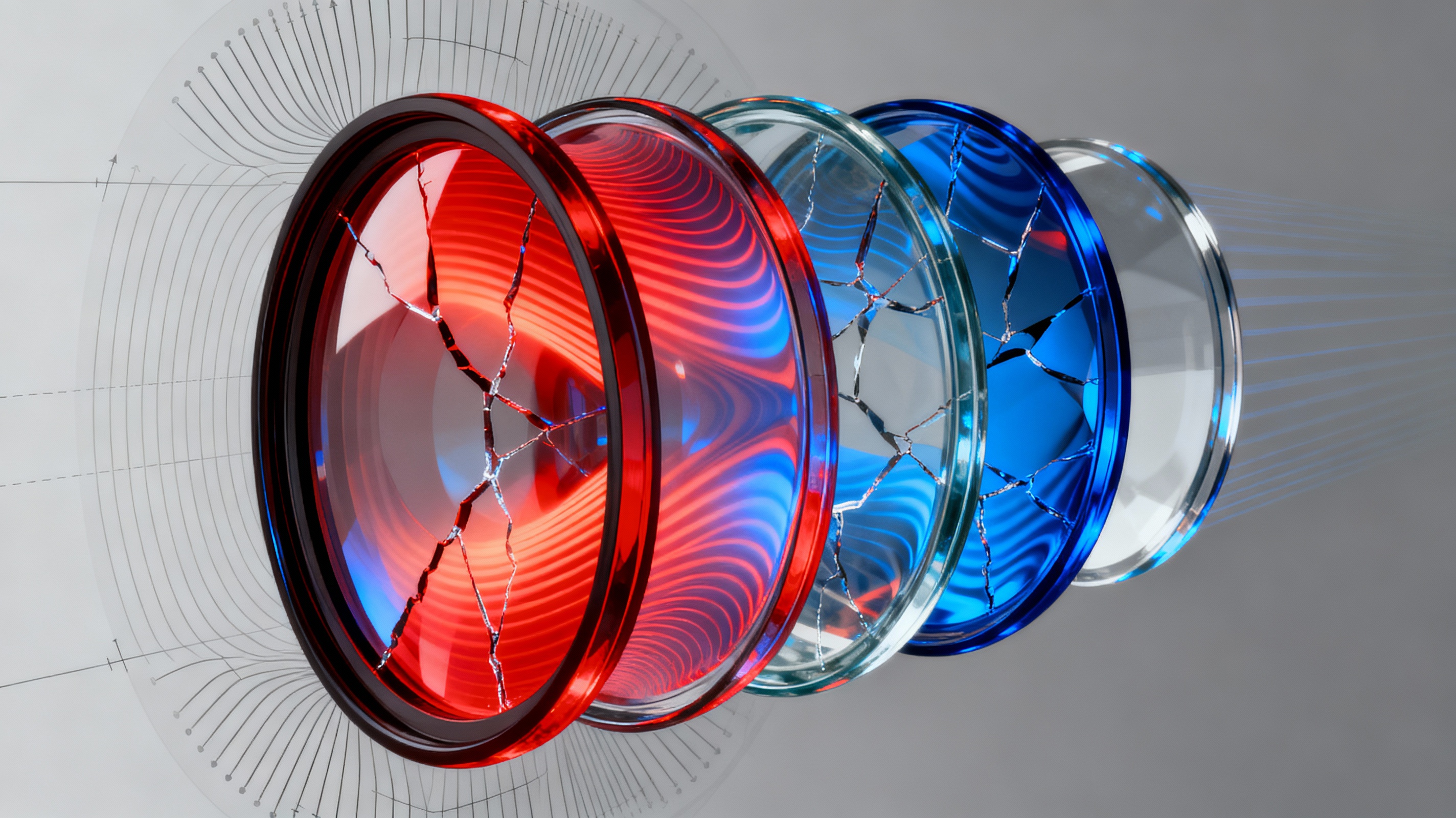 A highly detailed cross-sectional diagram of a multi-lens optical assembly experiencing thermal stress. Red and blue gradients highlight areas of expansion and contraction, with light rays bending irregularly through distorted glass layers.