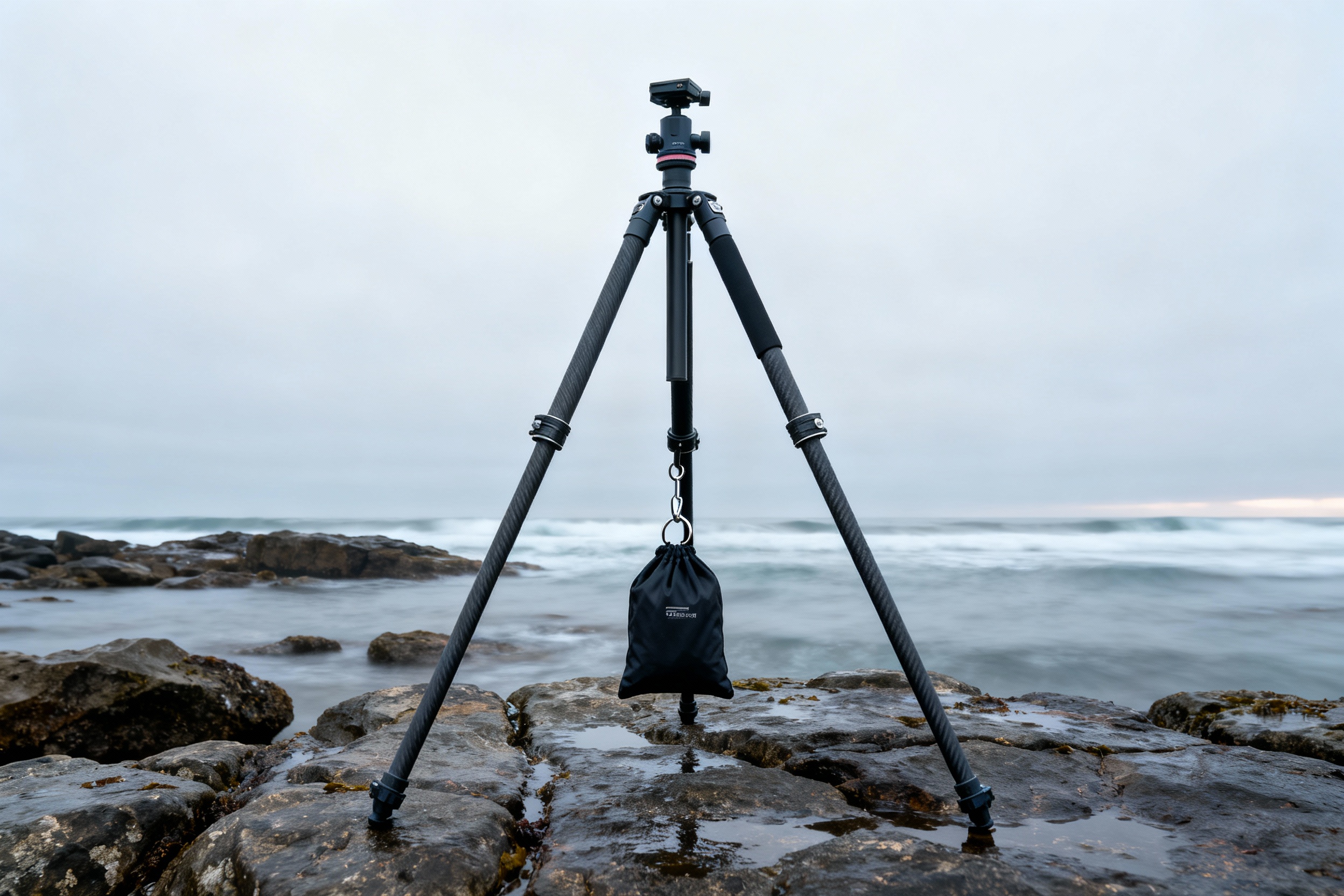 A professional-grade carbon fiber tripod anchored on a rocky shoreline, its legs splayed wide for stability, with a weighted bag hanging from the center hook under overcast skies, illustrating optimal setup for minimizing vibrations in coastal long exposure shots.