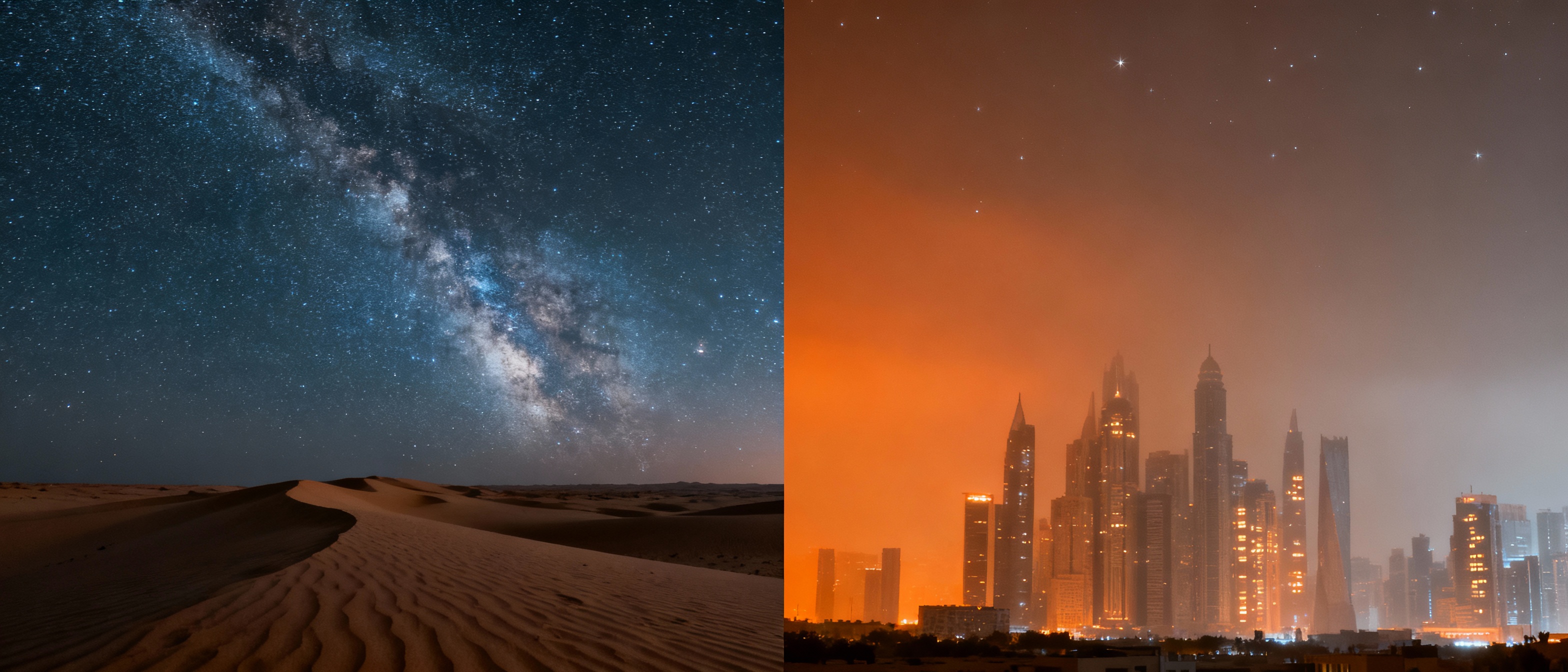 A split-image comparison of a Class 1 and Class 9 night sky: Left side displays a star-filled sky with the Milky Way arching over a remote desert landscape; right side shows a dim, orange-tinted urban skyline with only a handful of visible stars, contrasting natural beauty with light-polluted reality.