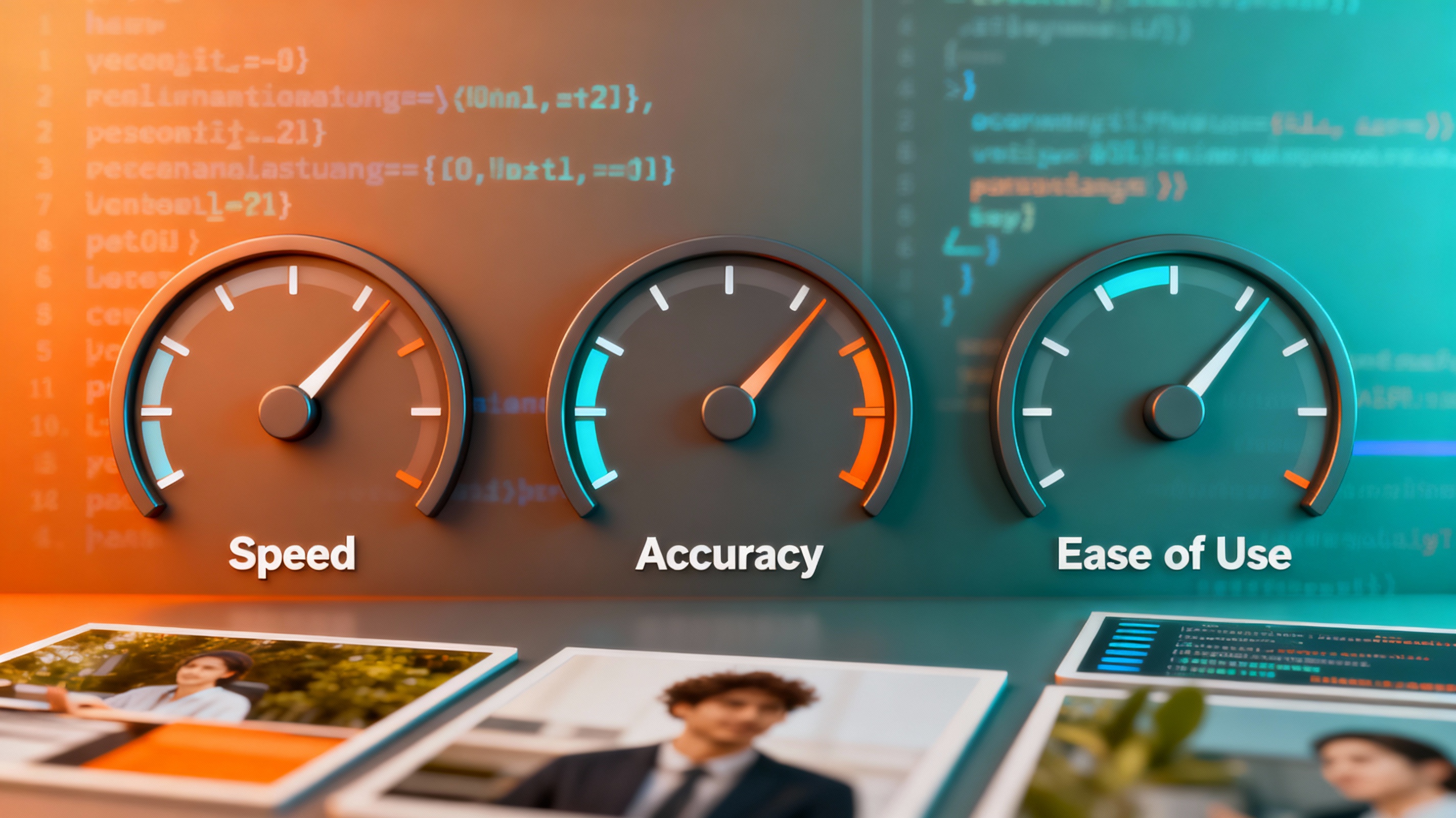A conceptual 3D dashboard with gauges labeled 'Speed,' 'Accuracy,' and 'Ease of Use,' superimposed over blurred code snippets and photographic examples. Warm orange and cool teal gradients create a tech-focused atmosphere, emphasizing metrics for software comparison.