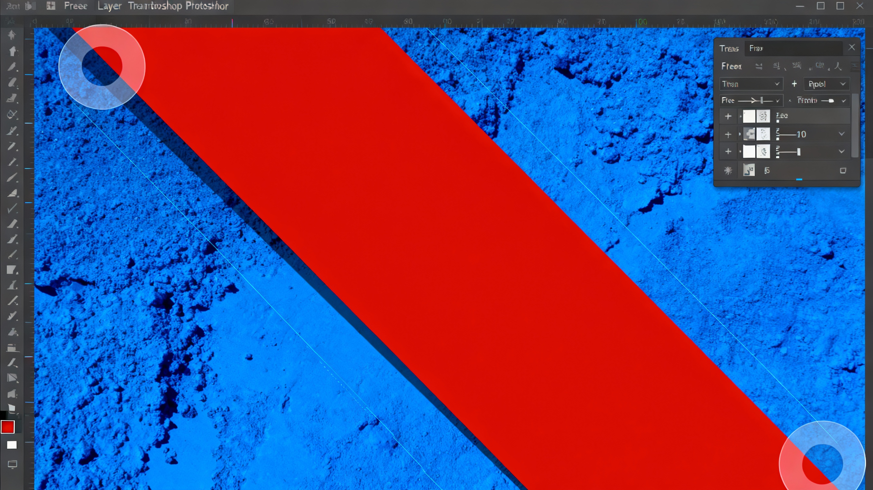 Close-up of a Photoshop layer being stretched diagonally using Free Transform handles. The layer contains a vibrant red vector shape overlapping a textured blue background. Crisp UI elements show transform controls, with subtle drop shadows adding depth to the interface.