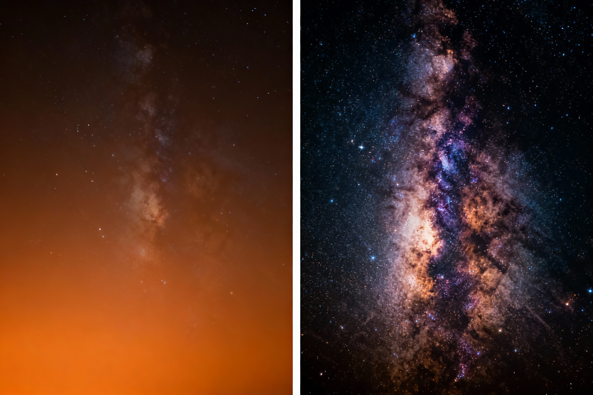 A split-screen comparison of a gradient-filled astrophotography image before and after software processing, showing the Milky Way emerging from a smooth, dark background. The left side displays an orange haze, while the right side reveals intricate star clouds and dust lanes.