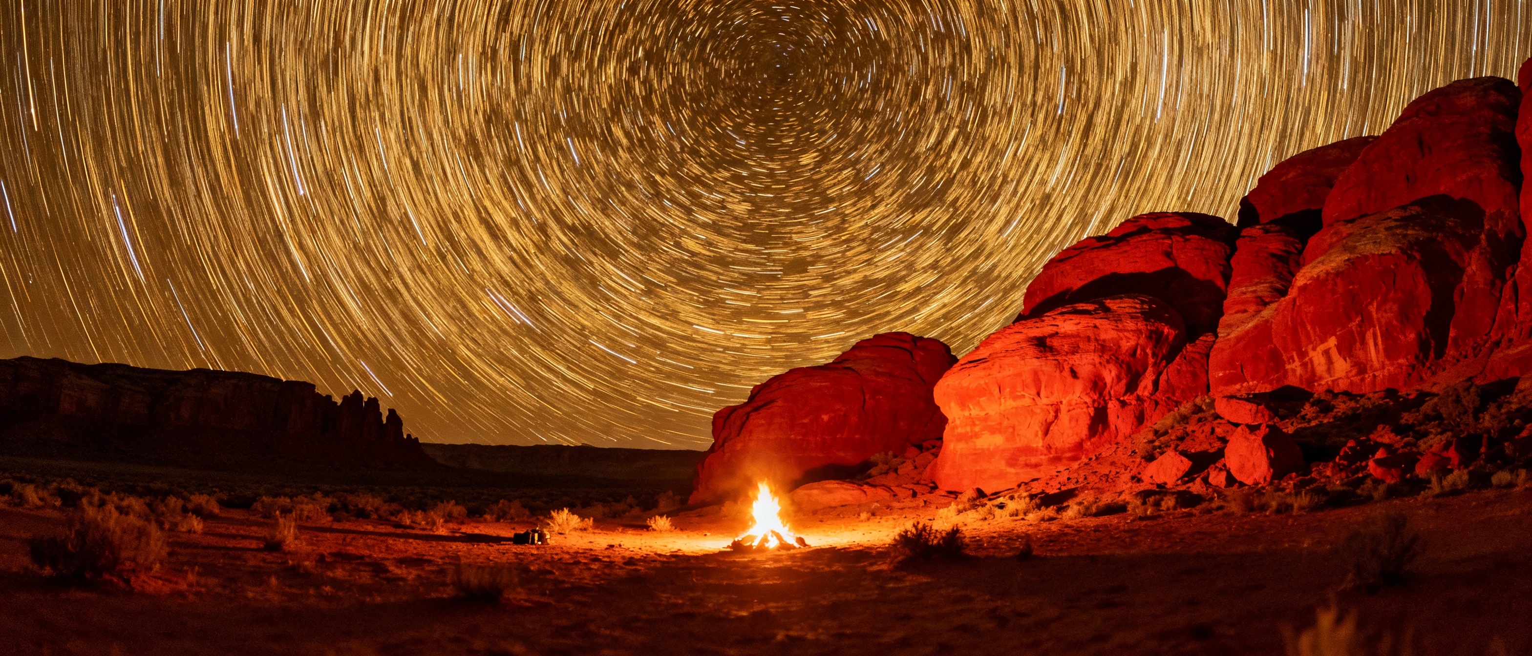 A time-lapse photograph of star trails arcing over a desert landscape, with warm campfire light illuminating red rock formations. The streaks highlight excessive star movement, emphasizing the need for shorter exposures to reduce clutter.