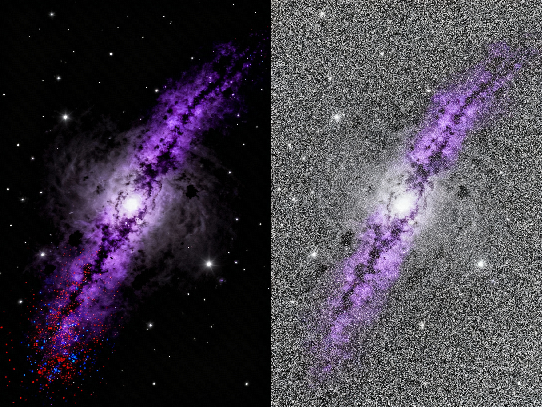 Side-by-side comparison showing chromatic noise as red/blue speckles in dark regions and luminance noise as monochromatic grain across a dim nebula image with purple dust lanes.
