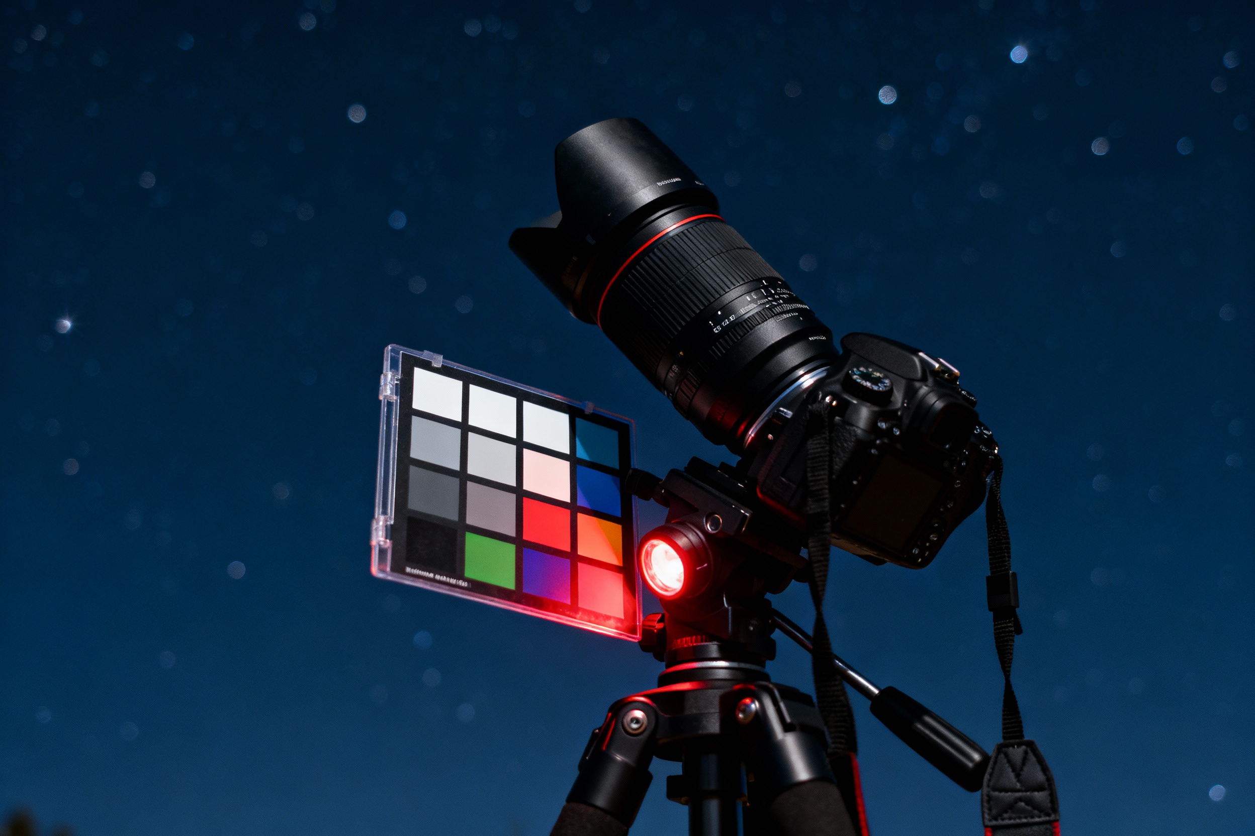 A close-up of a camera setup on a tripod under a starry sky, featuring a color calibration target placed beside the lens. The target displays neutral gray, white, and color swatches, illuminated softly by a red headlamp to preserve night vision.