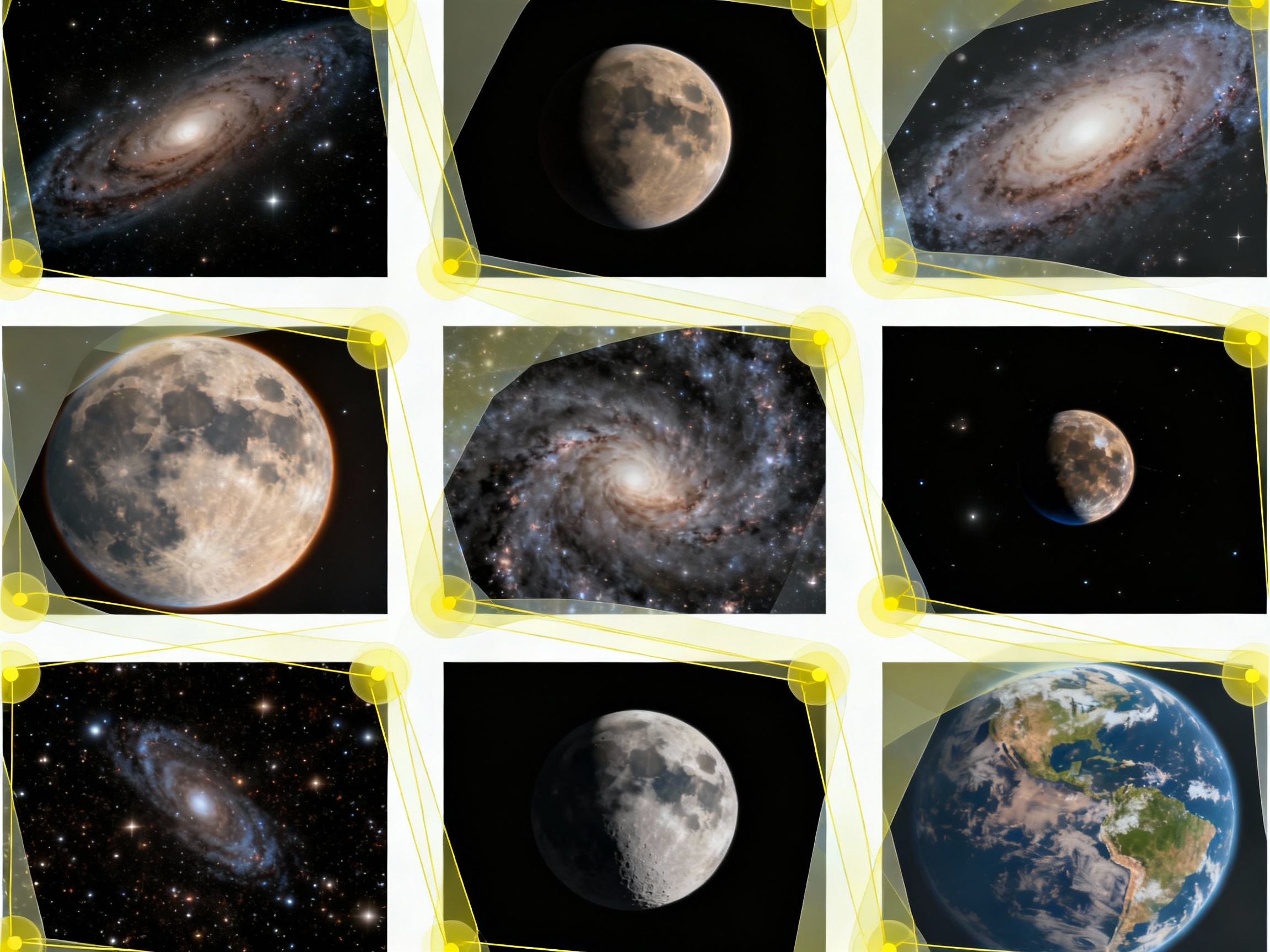 A grid of nine astronomical images arranged in a 3x3 pattern, demonstrating overlapping edges marked with translucent yellow highlights, accompanied by vector lines illustrating software-based alignment points and distortion correction workflows.