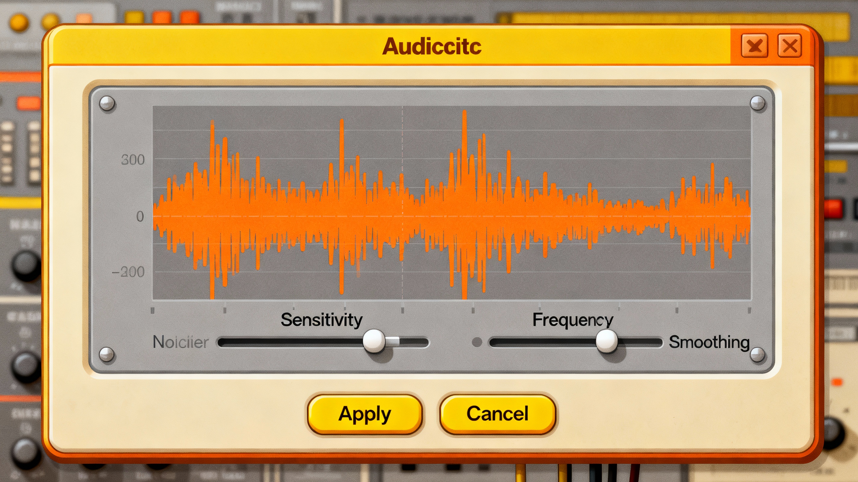 A detailed view of Audacity's noise reduction tool: spectral display showing orange noise profiles alongside sliders for sensitivity and frequency smoothing. Overlaid on a retro-inspired interface with yellow buttons and gray panels, evoking accessible audio engineering for beginners.