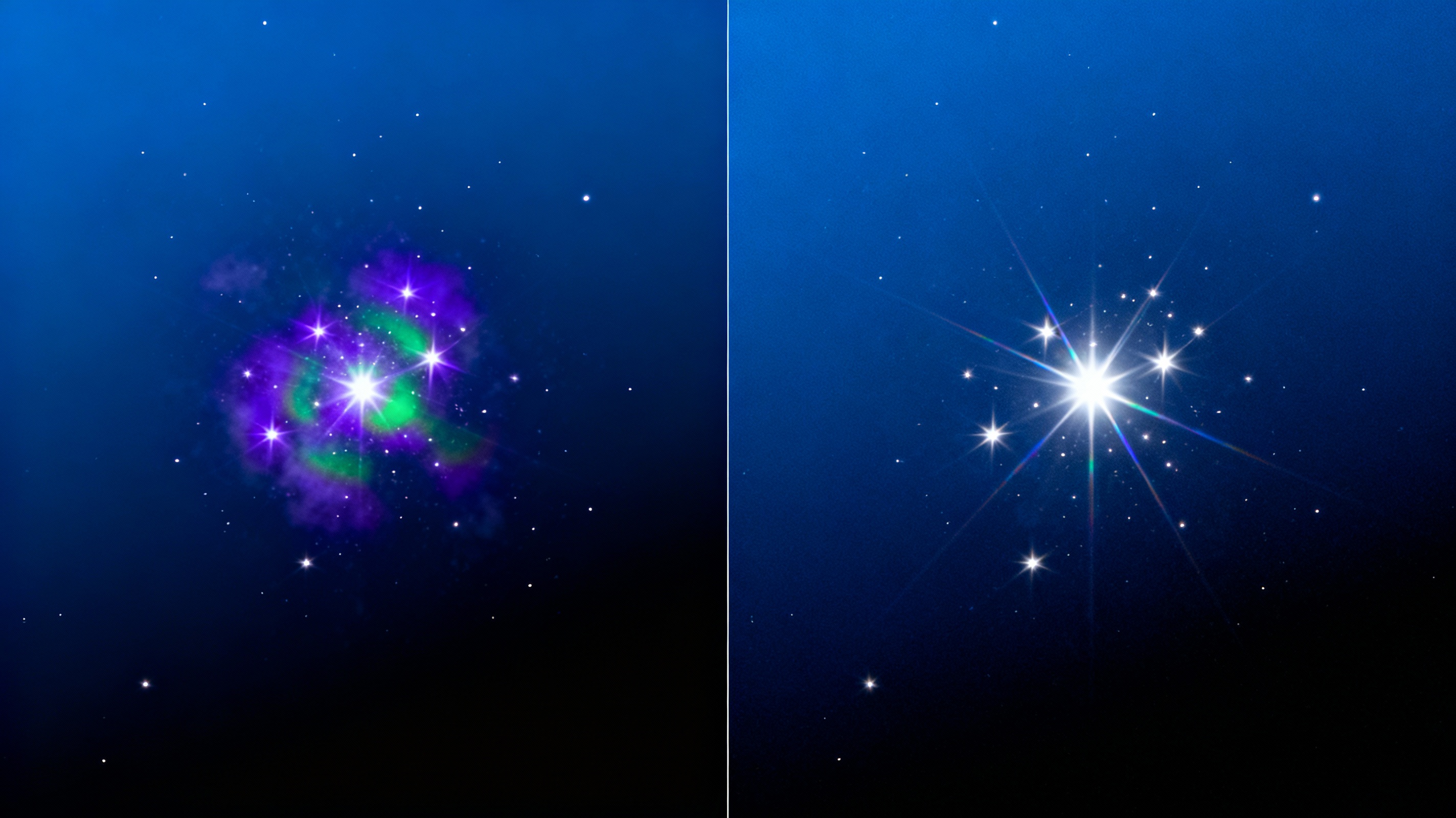 A split-screen comparison showing a star cluster before and after chromatic aberration correction. The left side displays vibrant purple and green halos around stars; the right side reveals crisp, white points of light. The background features a gradient of deep blues and blacks, simulating a real-world astrophotography scenario.