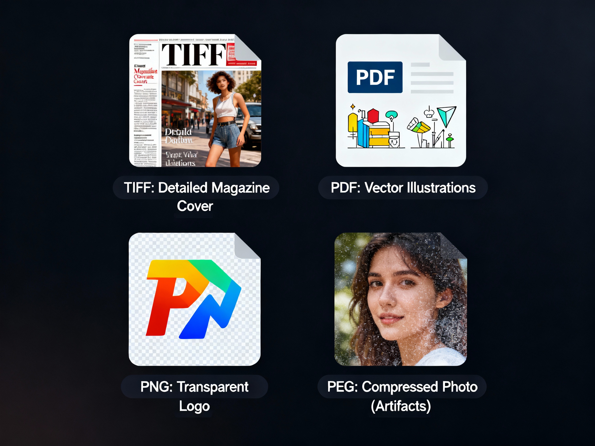 A grid of four images: a TIFF file showing a detailed magazine cover, a PDF with vector illustrations, a PNG logo with transparent background, and a compressed JPEG photo with noticeable artifacts, arranged on a dark backdrop with tooltip-style labels.