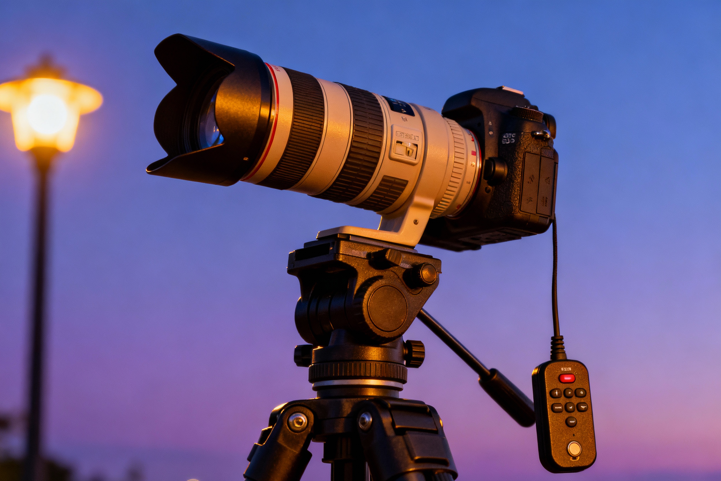 A DSLR camera mounted on a heavy-duty tripod with a telephoto lens pointing toward a twilight sky. The setup includes a remote shutter release and a lens hood to reduce glare. Soft ambient light from a nearby streetlamp casts warm tones on the equipment.