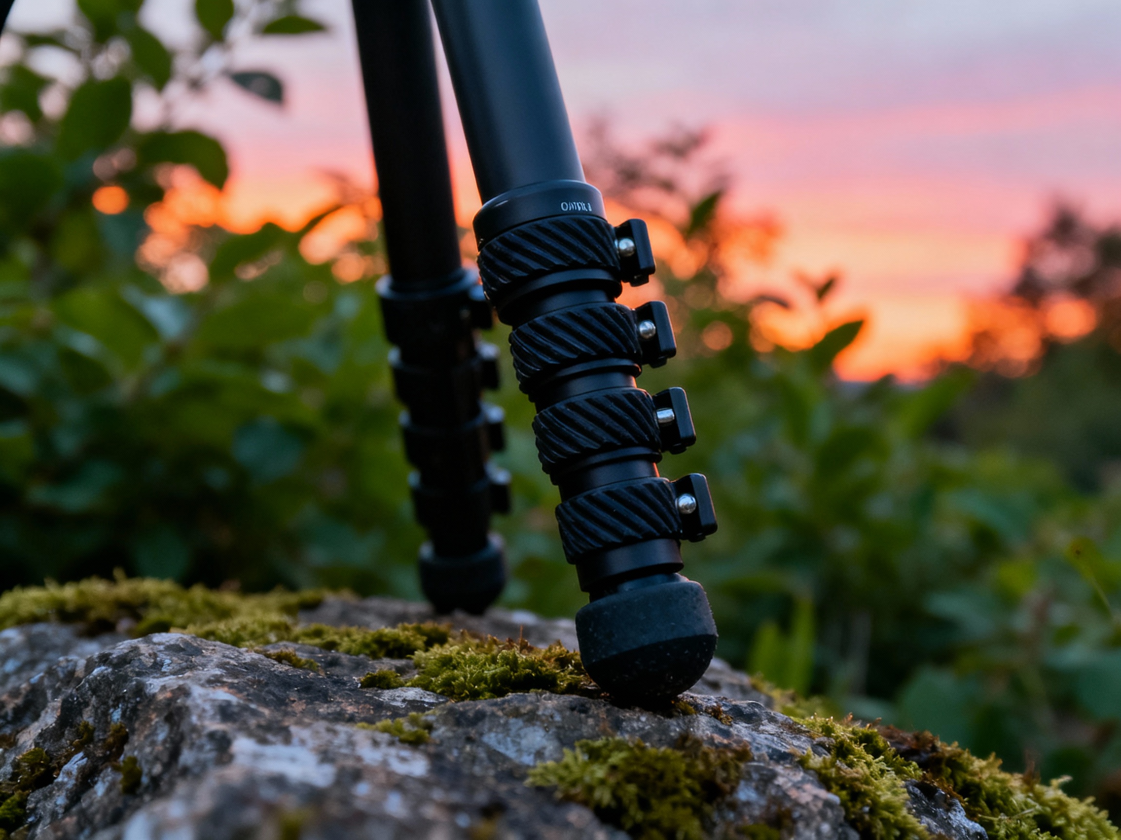 A close-up of a tripod’s leg section showing adjustable twist locks and rubber feet planted on a moss-covered rock. The matte black finish contrasts with green foliage, while the horizon glows with twilight hues of orange and pink.
