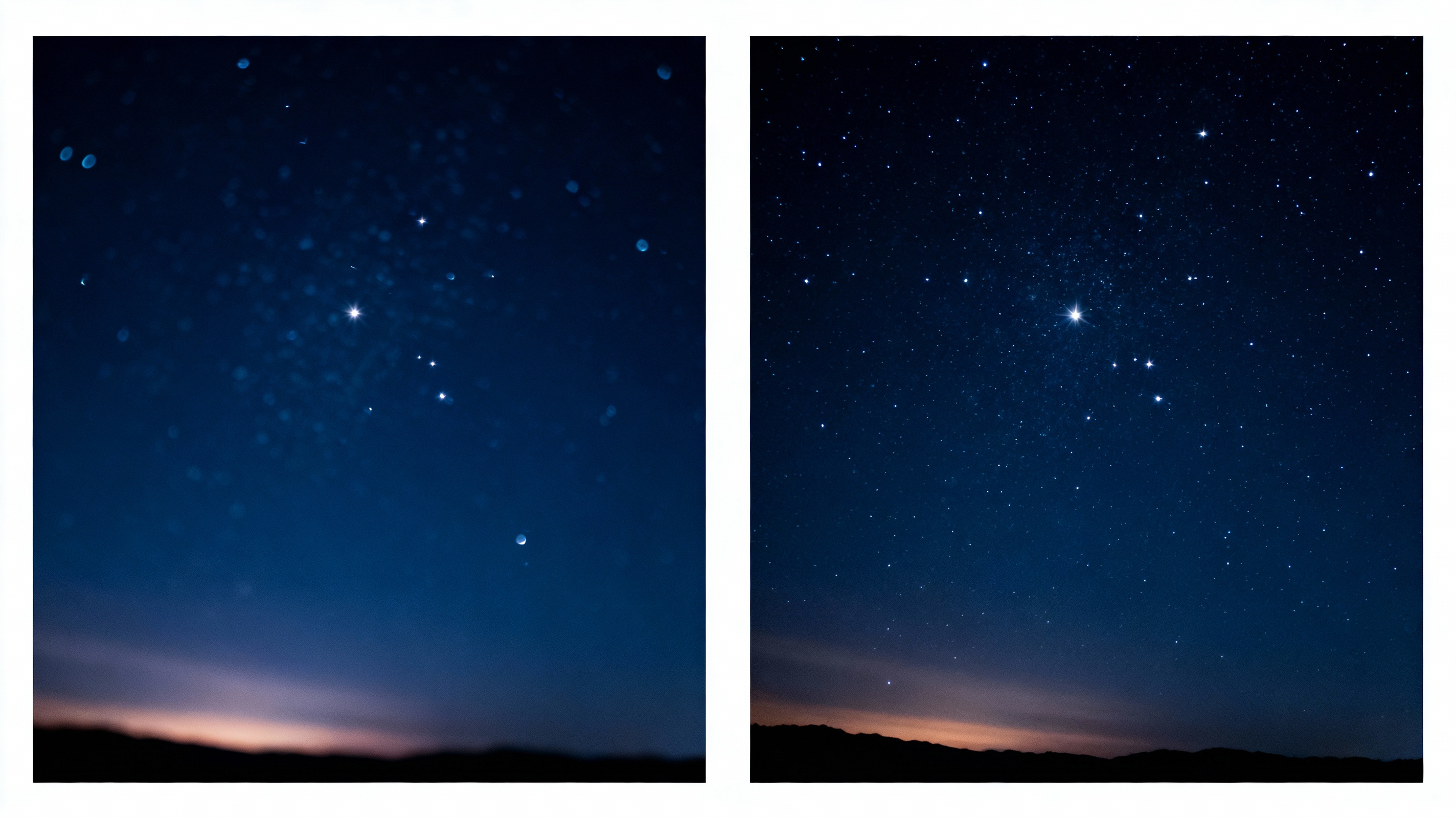 A side-by-side comparison of stars photographed at different apertures. The left image shows slightly blurred stars at f/1.4, while the right image displays sharper, pinpoint stars at f/2.2. The night sky is dark indigo with subtle light pollution on the horizon, emphasizing the importance of lens choice in astrophotography.