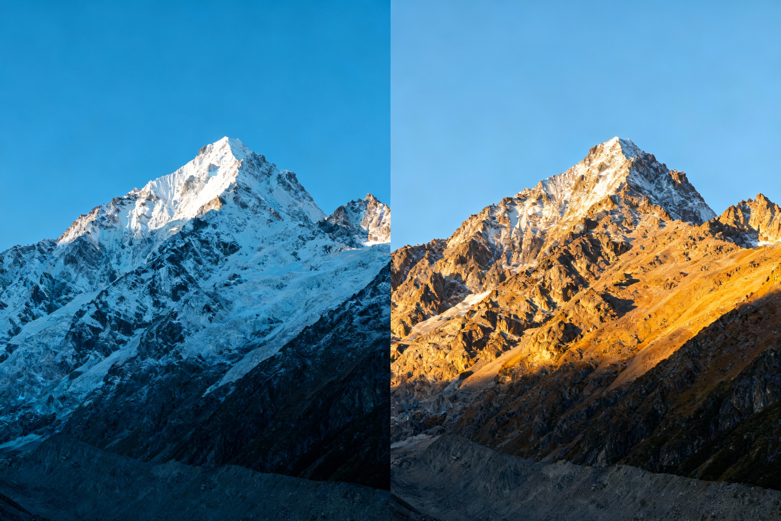 Side-by-side photos of a mountain landscape under a clear sky: one with incorrect white balance showing a blue tint, and another with adjusted settings revealing natural warm sunlight. The left image has cooler tones with icy mountain peaks, while the right features golden hour glow on rocky slopes and a balanced azure sky.