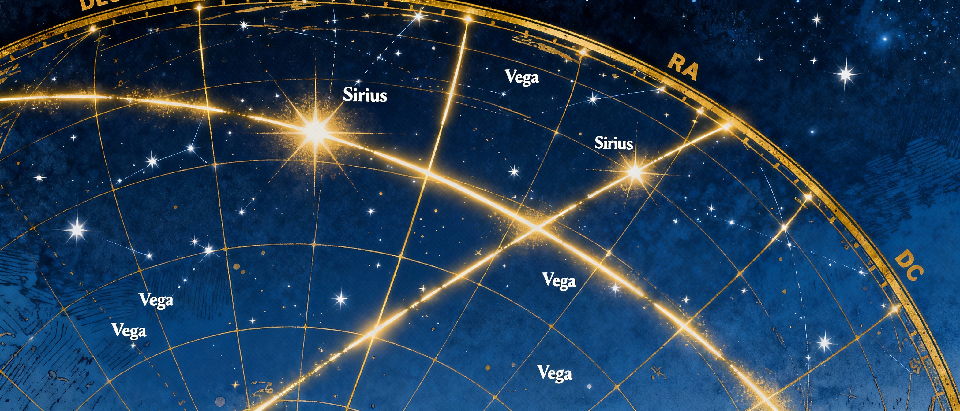 A detailed star chart overlay on a night sky, with RA and Dec gridlines in glowing gold. Bright stars like Sirius and Vega are labeled, while the celestial equator arcs across the frame. The style mimics vintage astronomical illustrations with a modern digital twist.