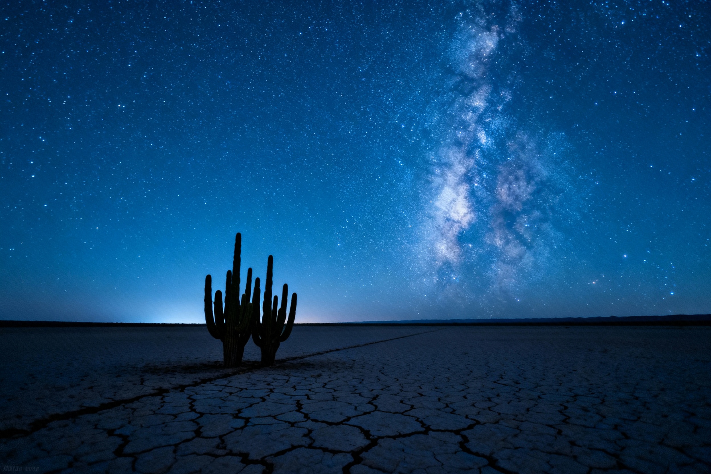 A night photograph of a desert landscape under a starry sky, with the Milky Way galaxy aligned along the right third of the frame. The horizon sits at the lower third, showcasing cracked earth in the foreground. Cool blue tones dominate the sky, with a cluster of cacti silhouetted near the bottom left intersection point.