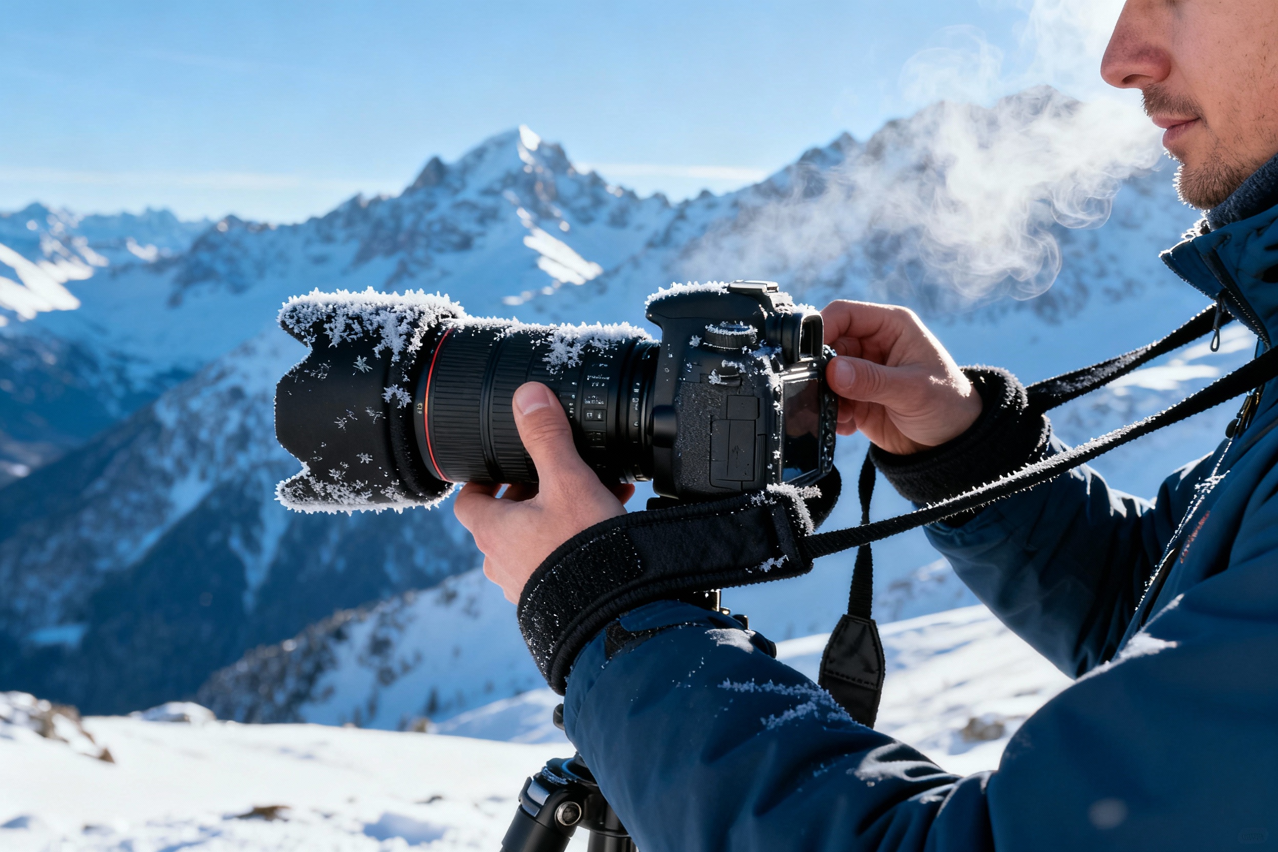 A photographer in a snowy mountain landscape adjusts a black lens heater strap on a DSLR camera. The scene features crisp blue tones with misty breath visible in the cold air, emphasizing the need for thermal gear in sub-zero environments.